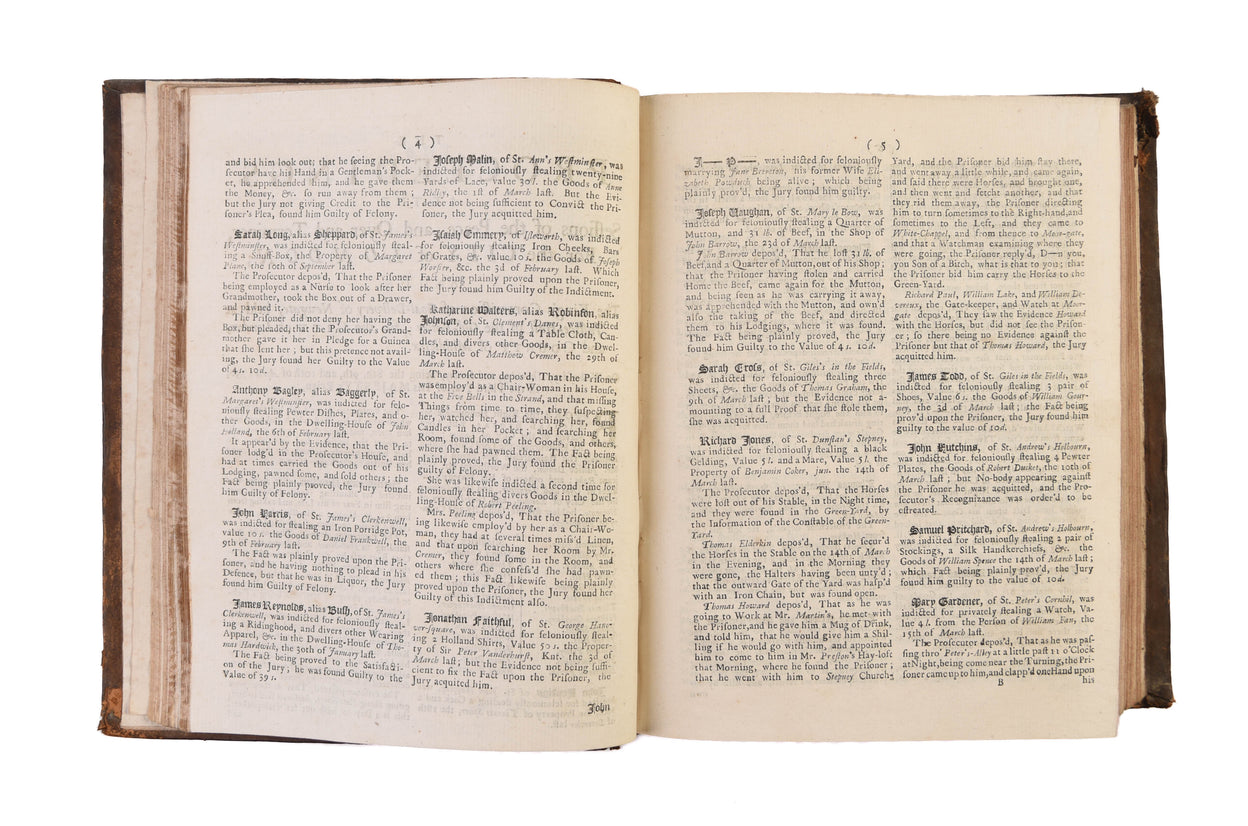 Five bound volumes of Sessions Papers covering the period 1730-1743.