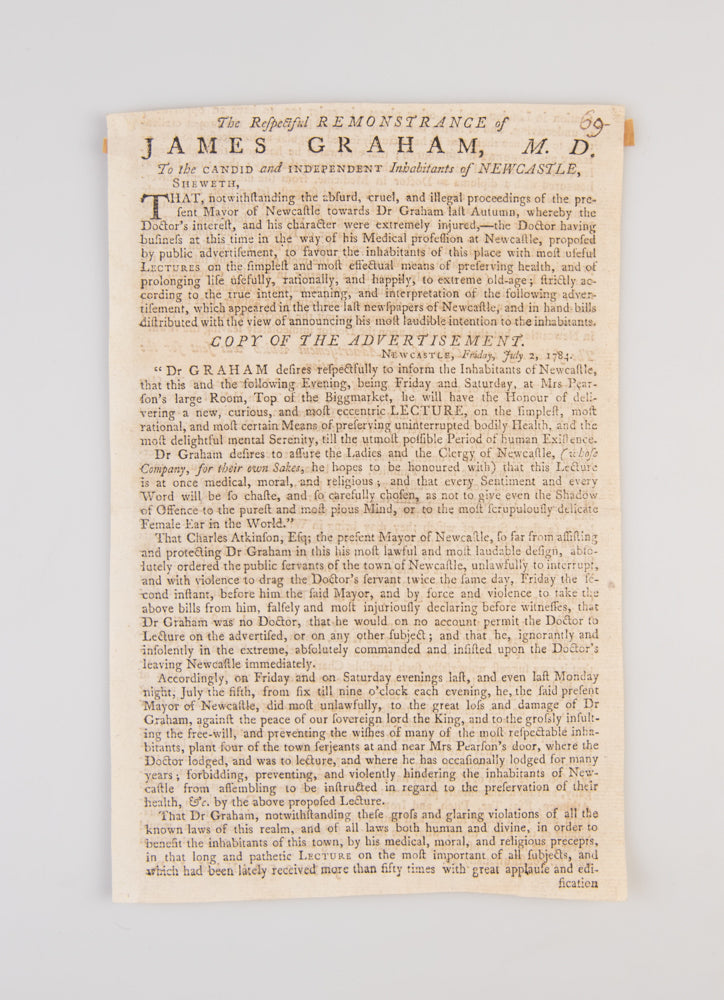 A collection of books, prints and broadsides related to the quack doctor, sex therapist and showman, James Graham (1745-1794).