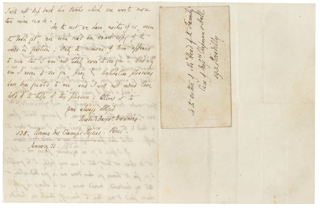 Six autograph letters signed (“Elizabeth Barrett Browning’) to [Dinah] Mulock (later Craik).
