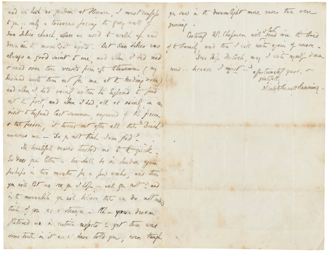 Six autograph letters signed (“Elizabeth Barrett Browning’) to [Dinah] Mulock (later Craik).