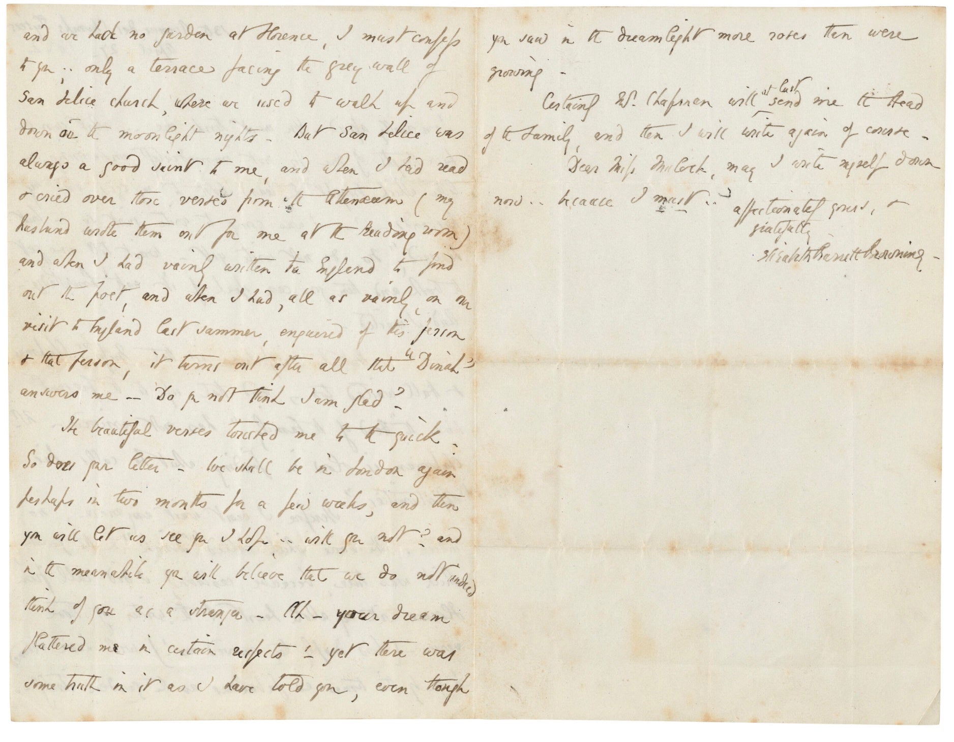 Six autograph letters signed (“Elizabeth Barrett Browning’) to [Dinah] Mulock (later Craik).