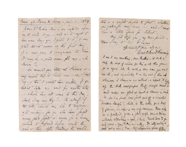 Autograph letter signed (“Elizabeth Barrett Browning”) and with a postscript signed (“RB”) to John Ruskin,