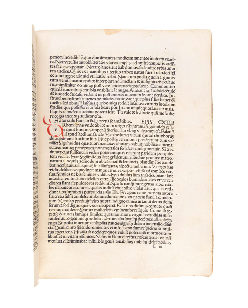 Epistolae familiares. De Duobus amantibus Euryalo et Lucretia. Descriptio urbis Viennensis. Ed: Nicolaus de Wyle.
(Nuremberg: Anton Koberger, 17 May 1496)