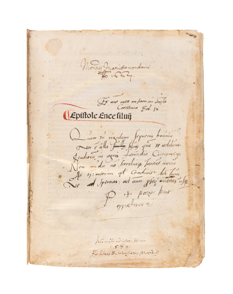 Epistolae familiares. De Duobus amantibus Euryalo et Lucretia. Descriptio urbis Viennensis. Ed: Nicolaus de Wyle.
(Nuremberg: Anton Koberger, 17 May 1496)