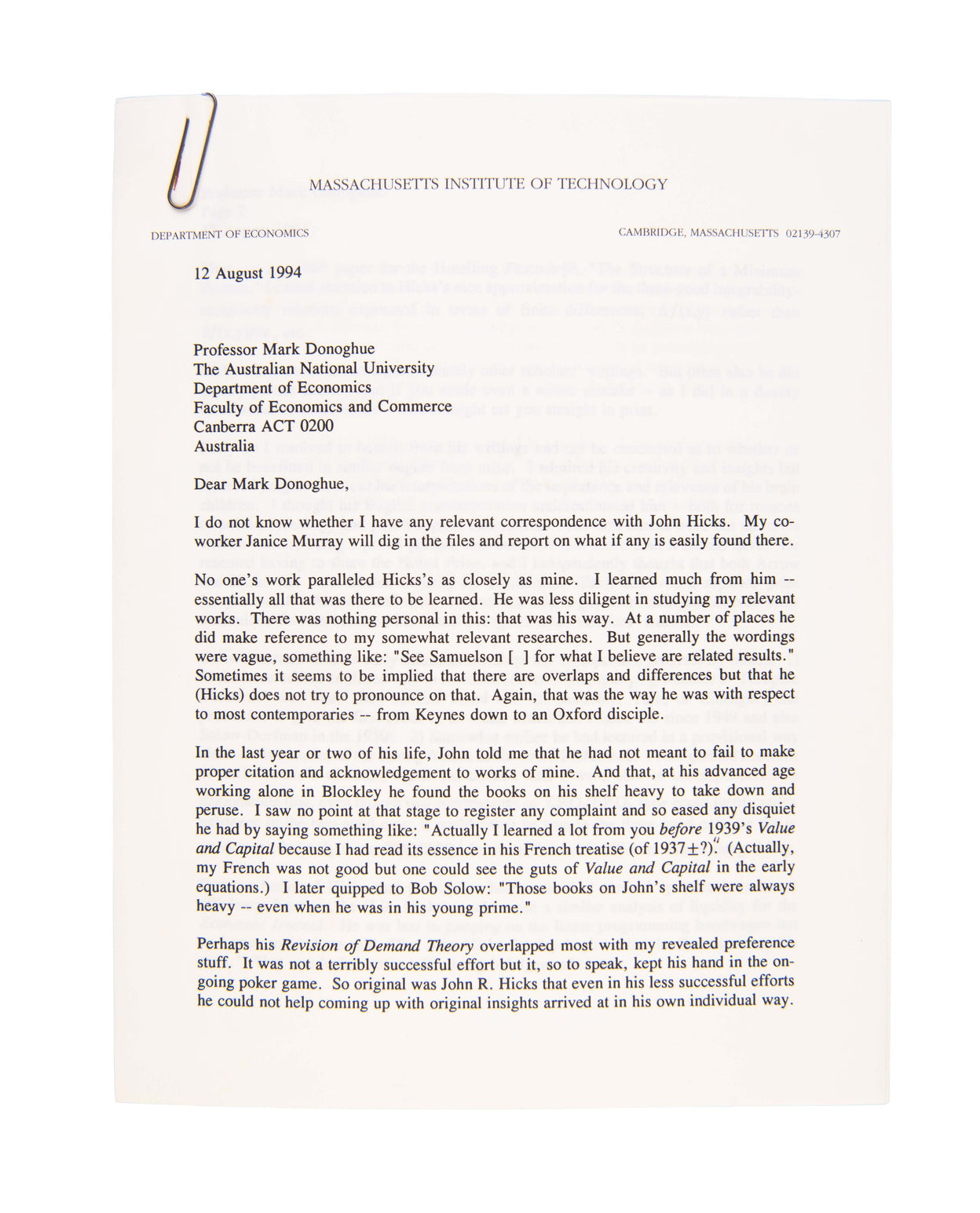 Correspondence with Mark Donoghue.
