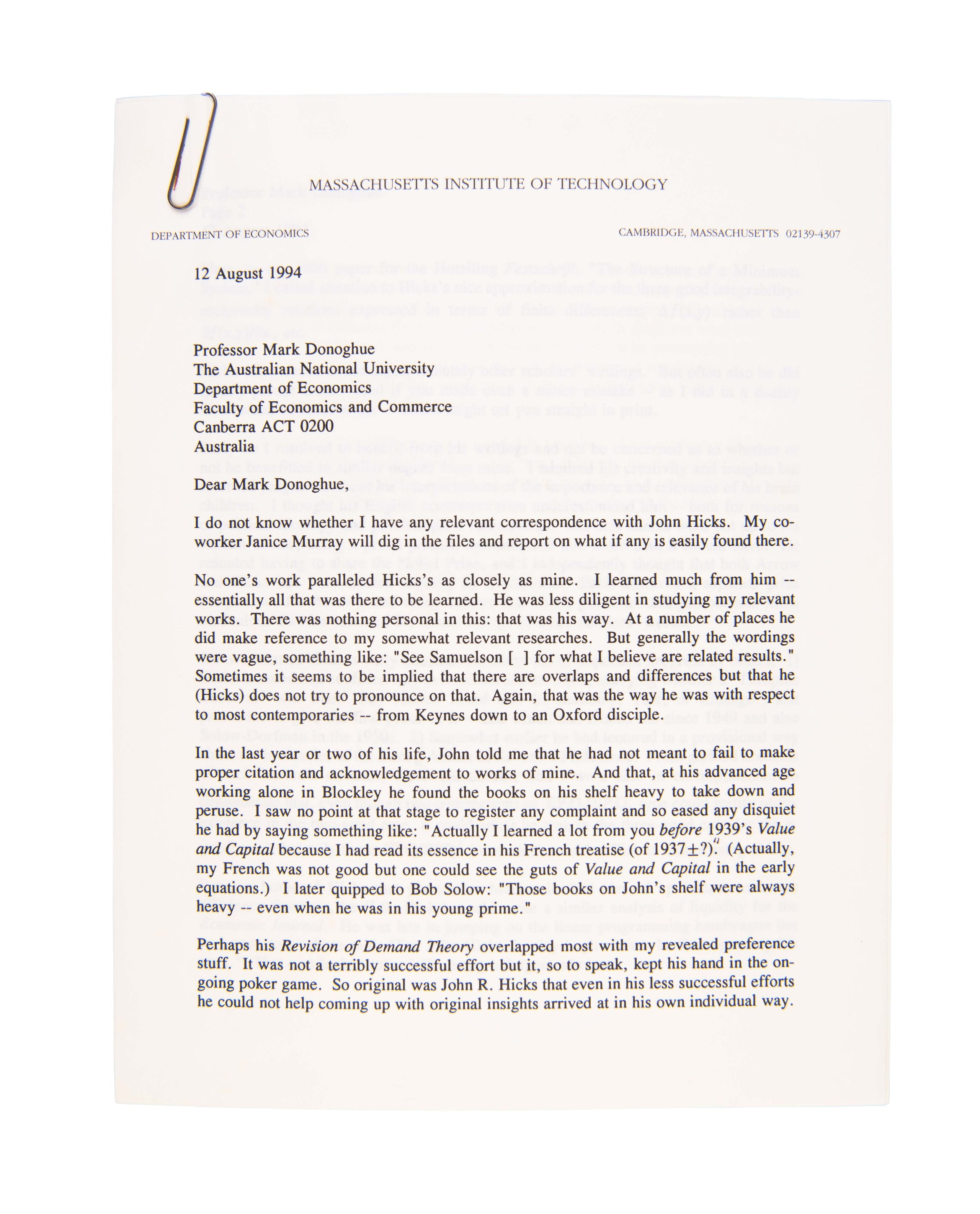 Correspondence with Mark Donoghue.