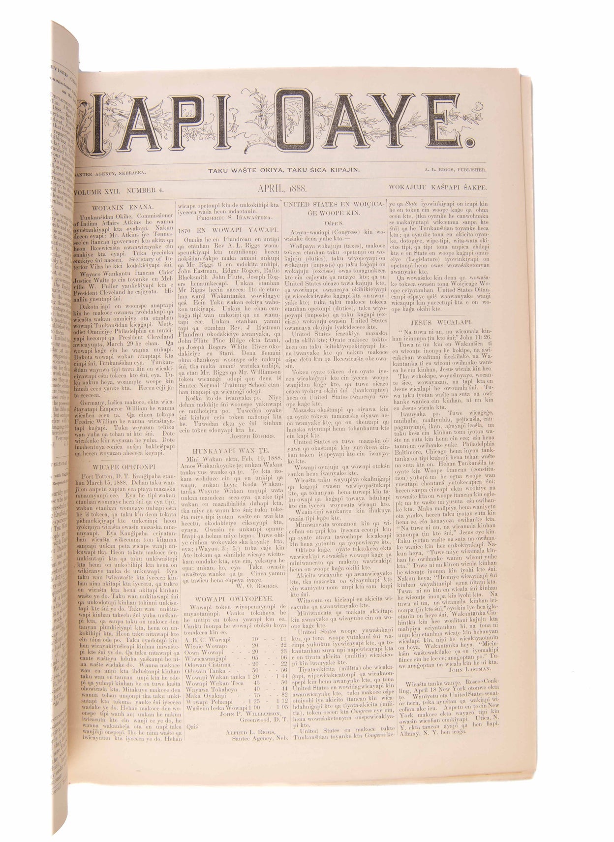 Iapi Oaye. [and] The Word Carrier. Vol. XVII. Nos 1 - 12. January - December 1888.