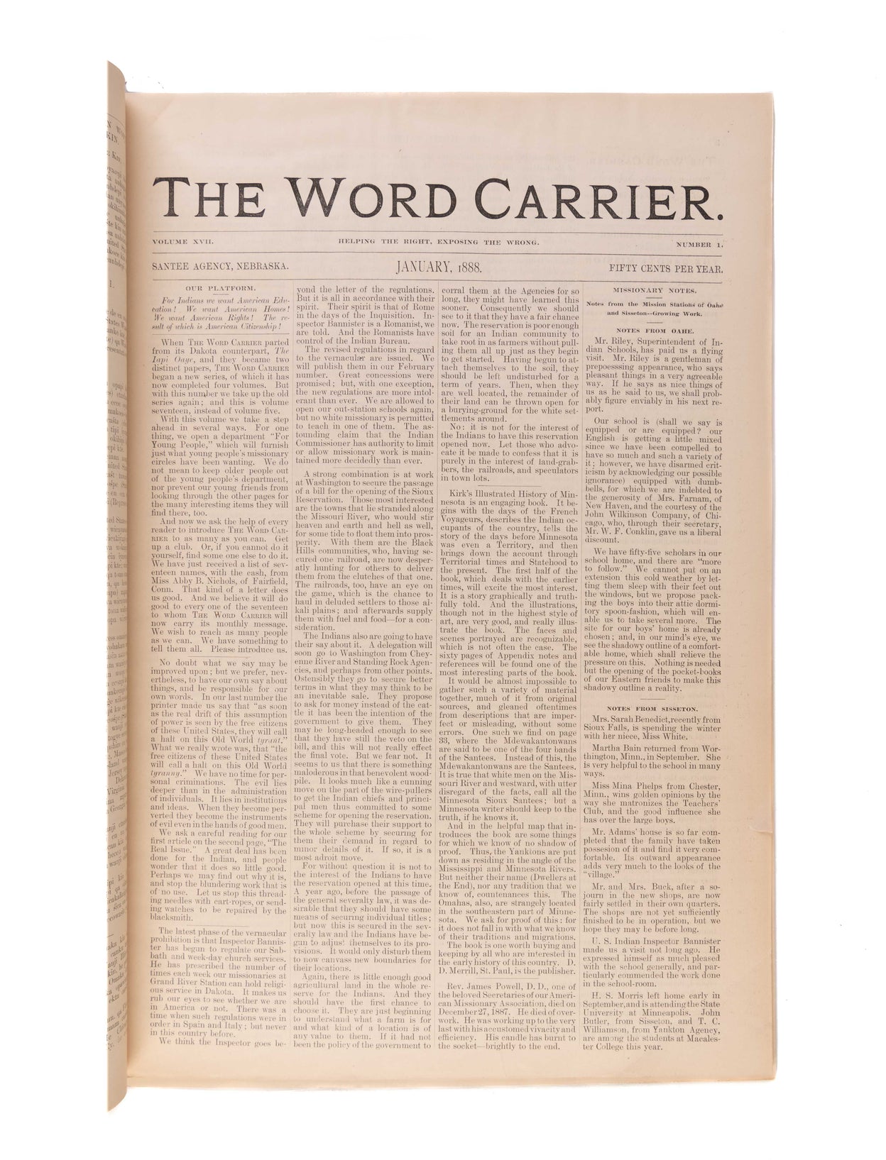 Iapi Oaye. [and] The Word Carrier. Vol. XVII. Nos 1 - 12. January - December 1888.