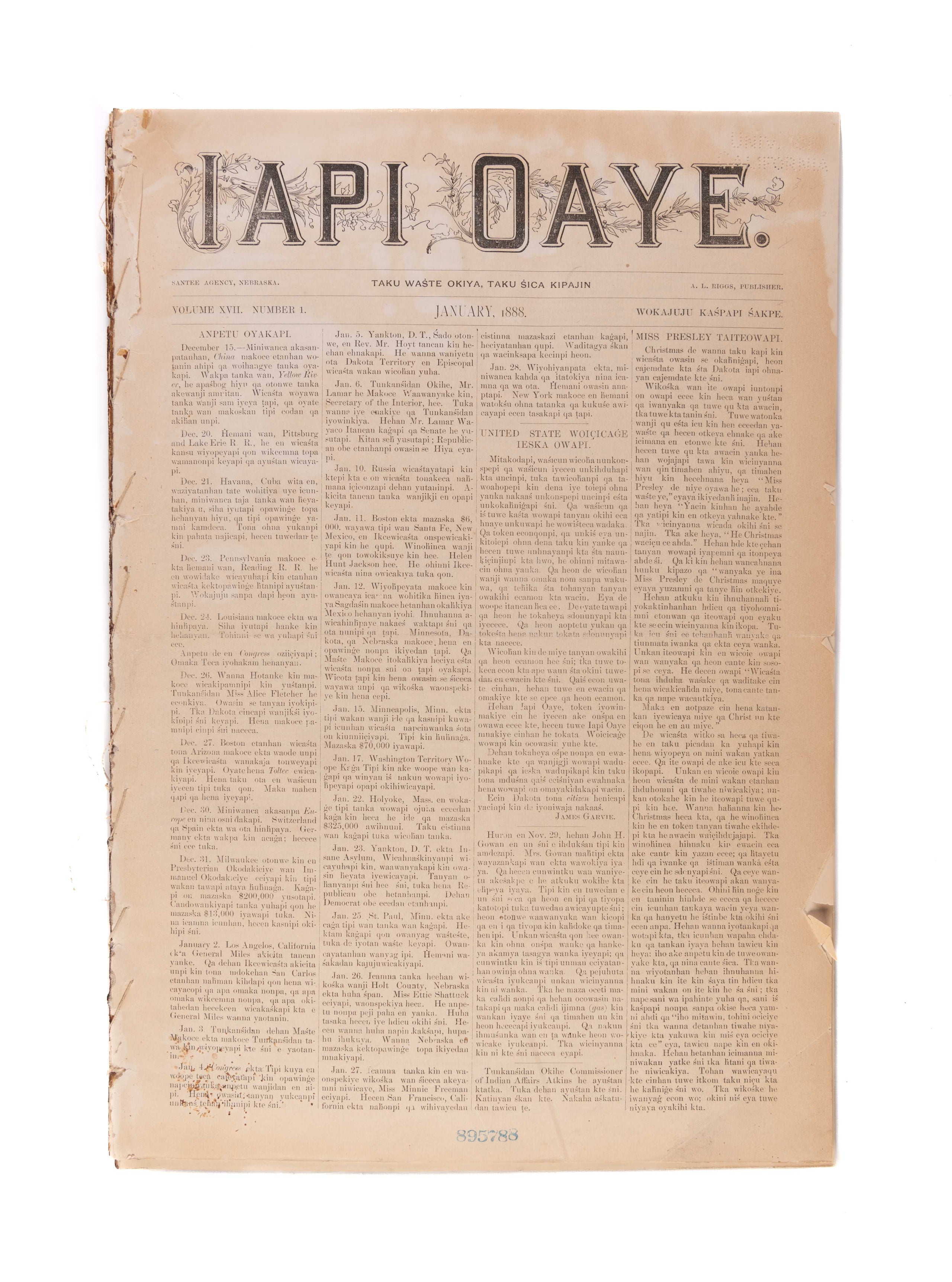 Iapi Oaye. [and] The Word Carrier. Vol. XVII. Nos 1 - 12. January - December 1888.