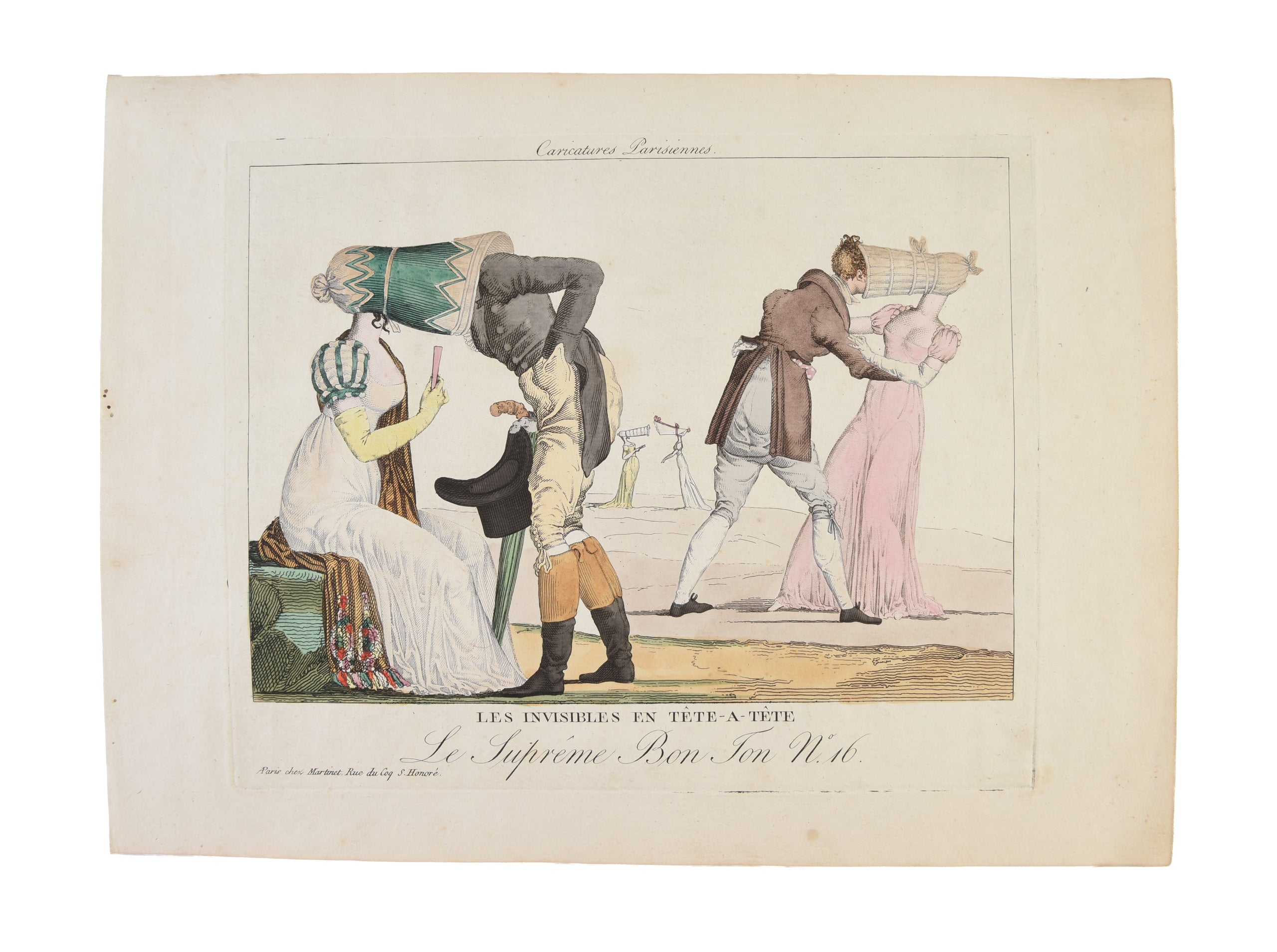 A collection of 17 rare French caricatures on various subjects from fashion, food and race to health and beauty and prostitution. Many of the caricatures satirise English life.
