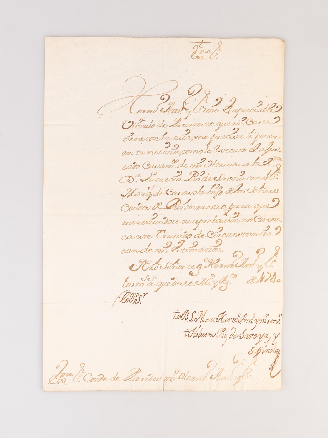 Letter signed and subscribed to his brother, the Conde de Paredes, Viceroy of Mexico.