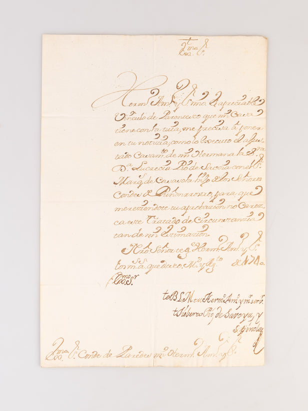 Letter signed and subscribed to his brother, the Conde de Paredes, Viceroy of Mexico.
