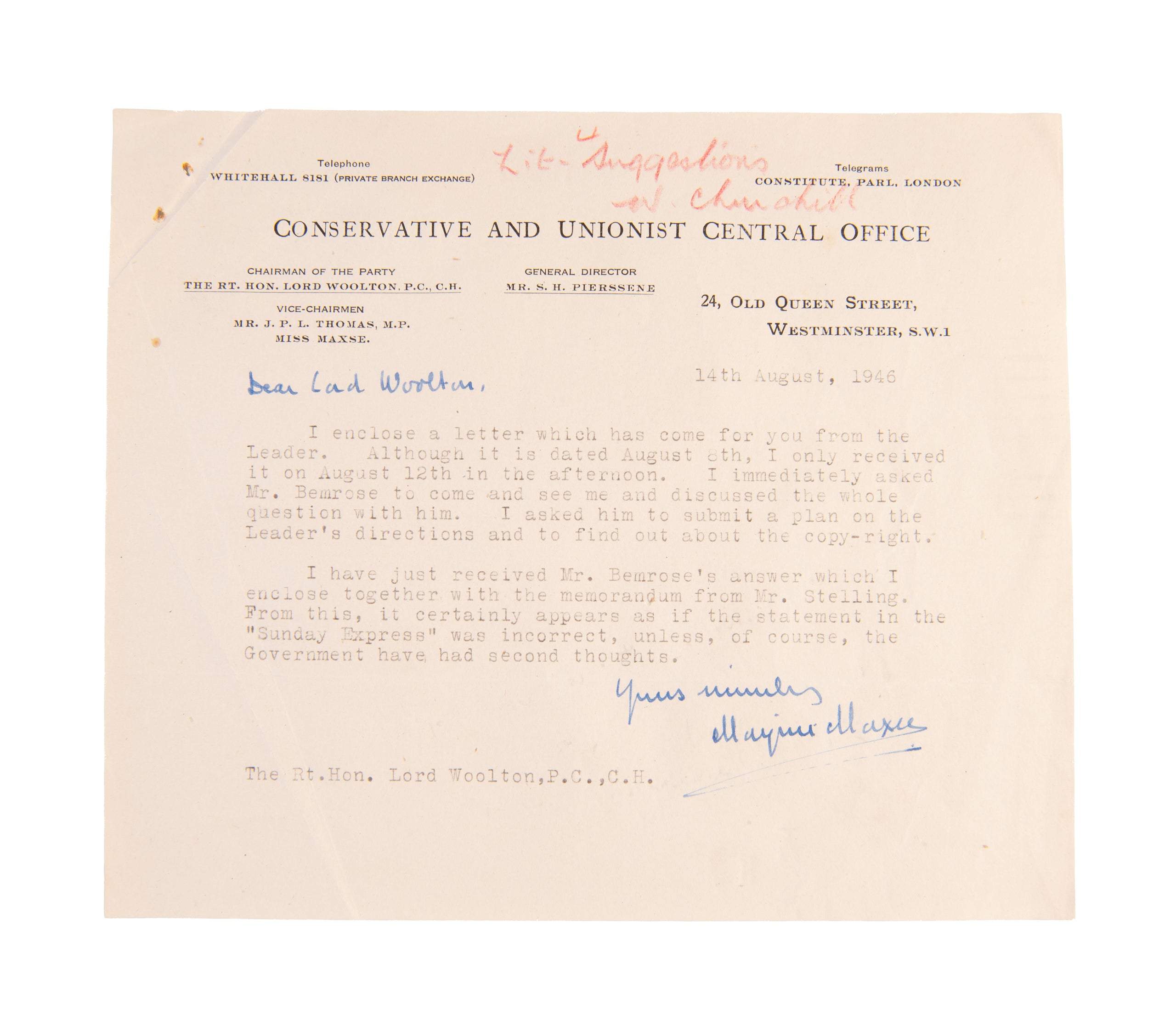 Typed Letter Signed with initials, addressed to 'CHAIRMAN OF THE PARTY', (Lord Woolton).