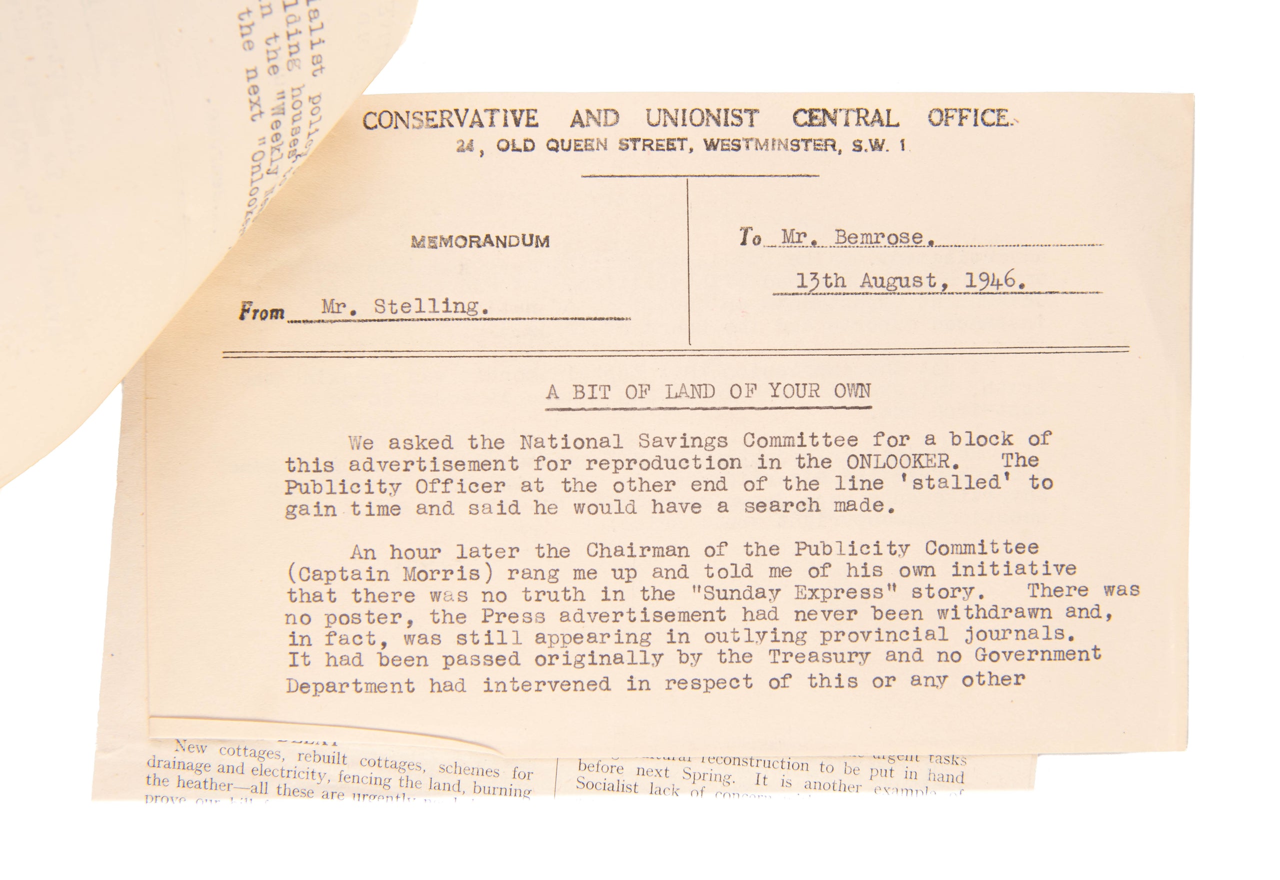 Typed Letter Signed with initials, addressed to 'CHAIRMAN OF THE PARTY', (Lord Woolton).