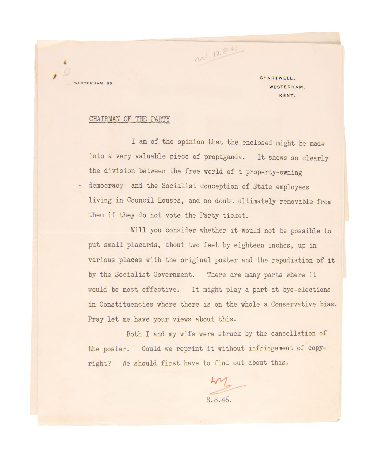 Typed Letter Signed with initials, addressed to 'CHAIRMAN OF THE PARTY', (Lord Woolton).