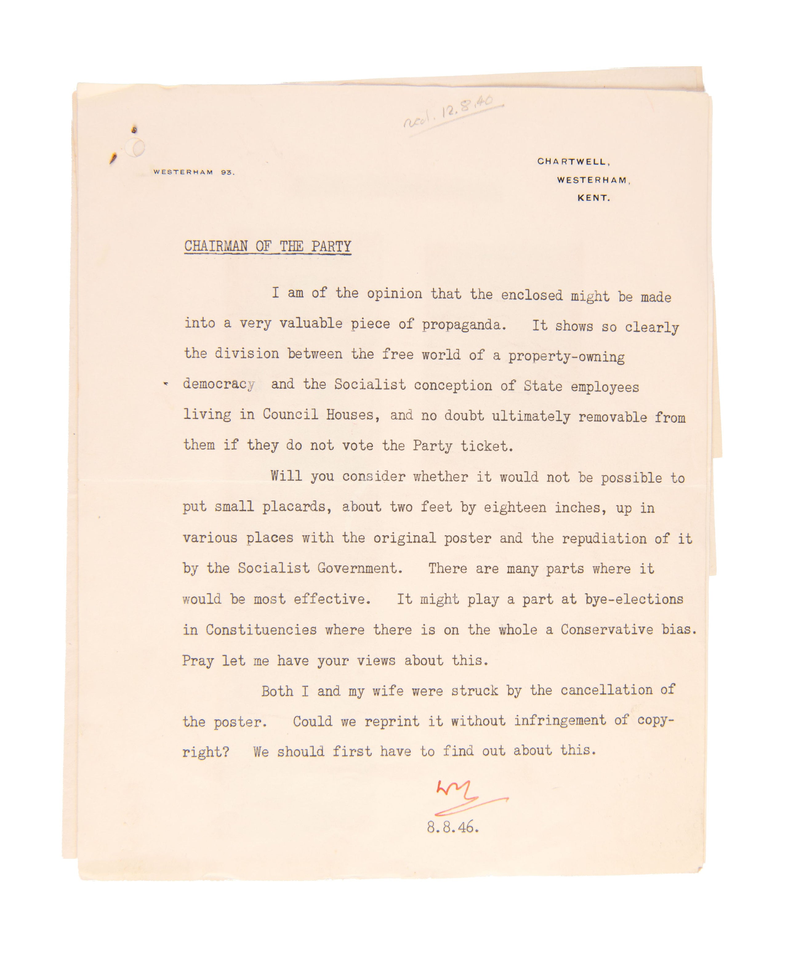 Typed Letter Signed with initials, addressed to 'CHAIRMAN OF THE PARTY', (Lord Woolton).