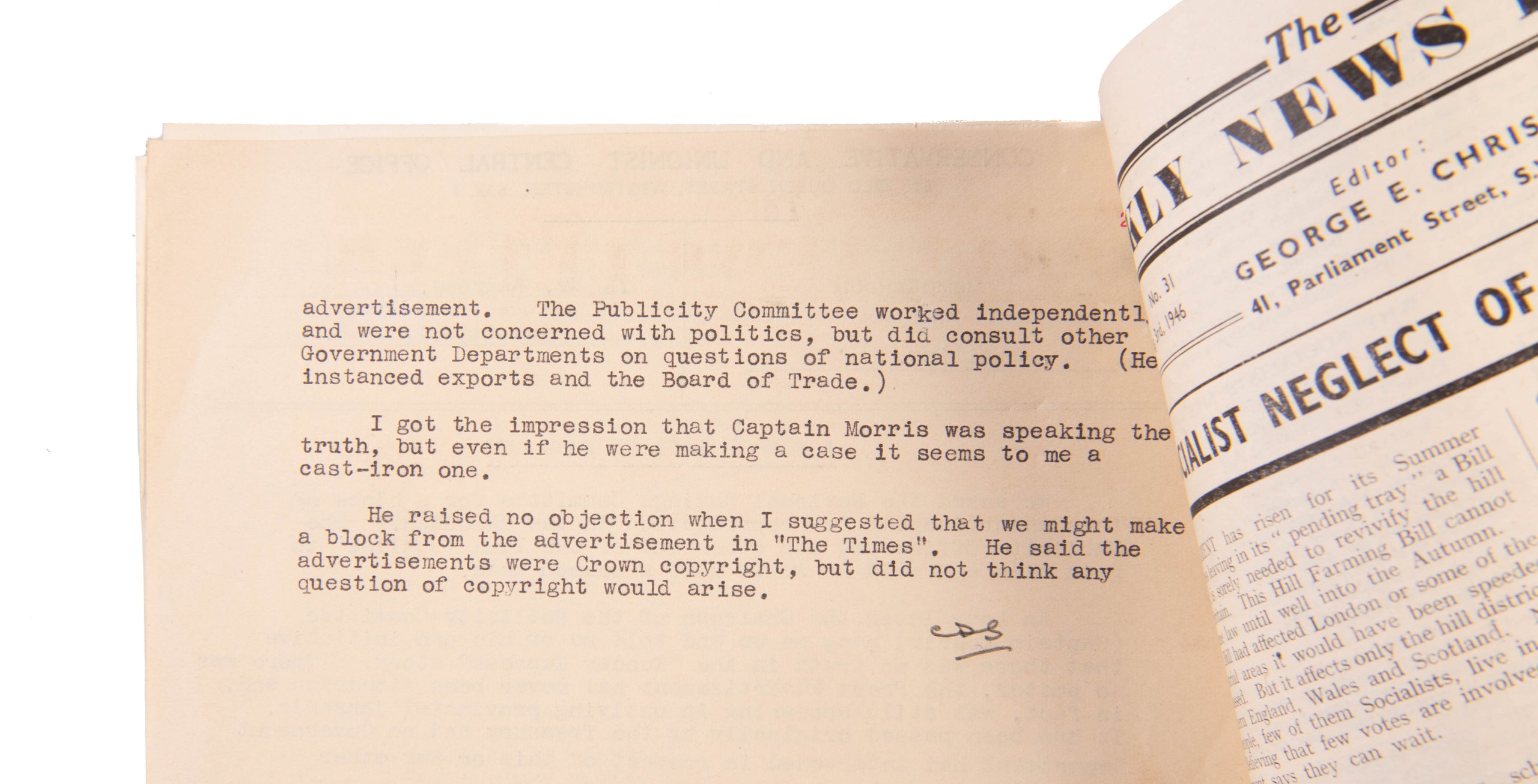 Typed Letter Signed with initials, addressed to 'CHAIRMAN OF THE PARTY', (Lord Woolton).