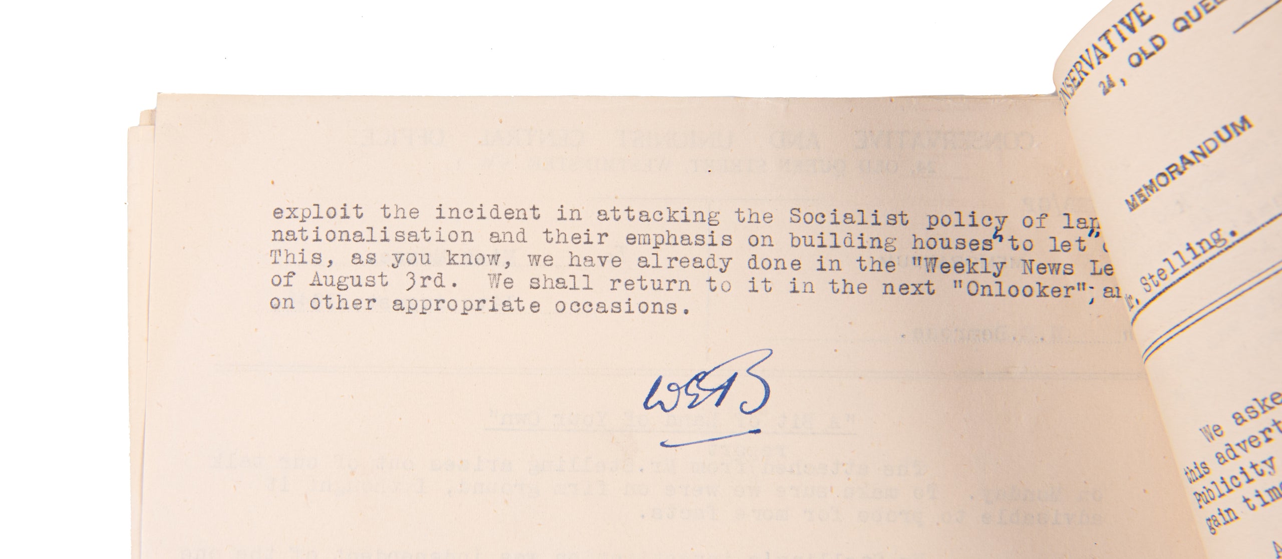 Typed Letter Signed with initials, addressed to 'CHAIRMAN OF THE PARTY', (Lord Woolton).