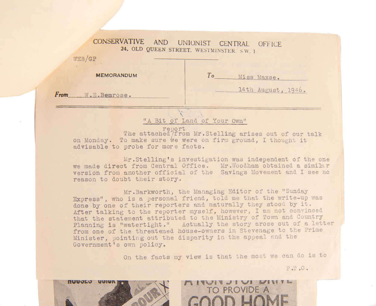 Typed Letter Signed with initials, addressed to 'CHAIRMAN OF THE PARTY', (Lord Woolton).