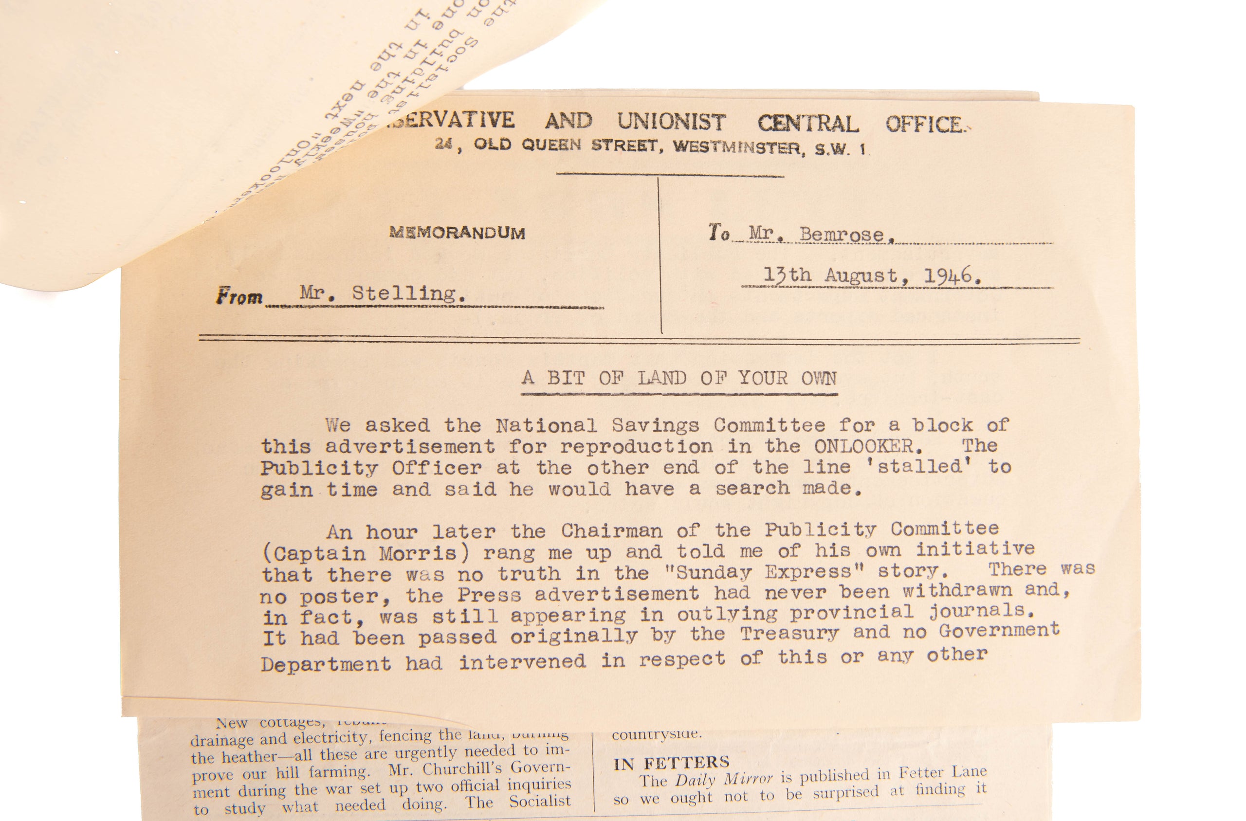 Typed Letter Signed with initials, addressed to 'CHAIRMAN OF THE PARTY', (Lord Woolton).