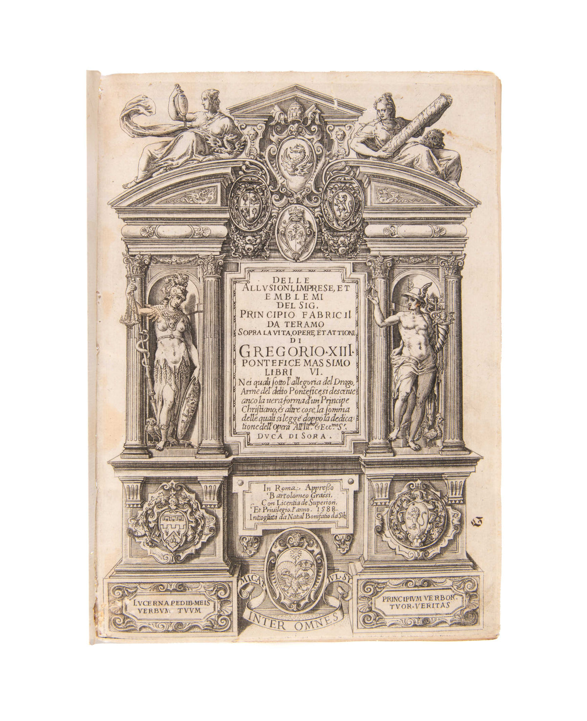 Delle allusioni, imprese, et emblemi sopra la vita, opere, et attioni di Gregorio. XIII. pontefice massimo libri vi.
Rome, Bartolomeo Grassi, 1588