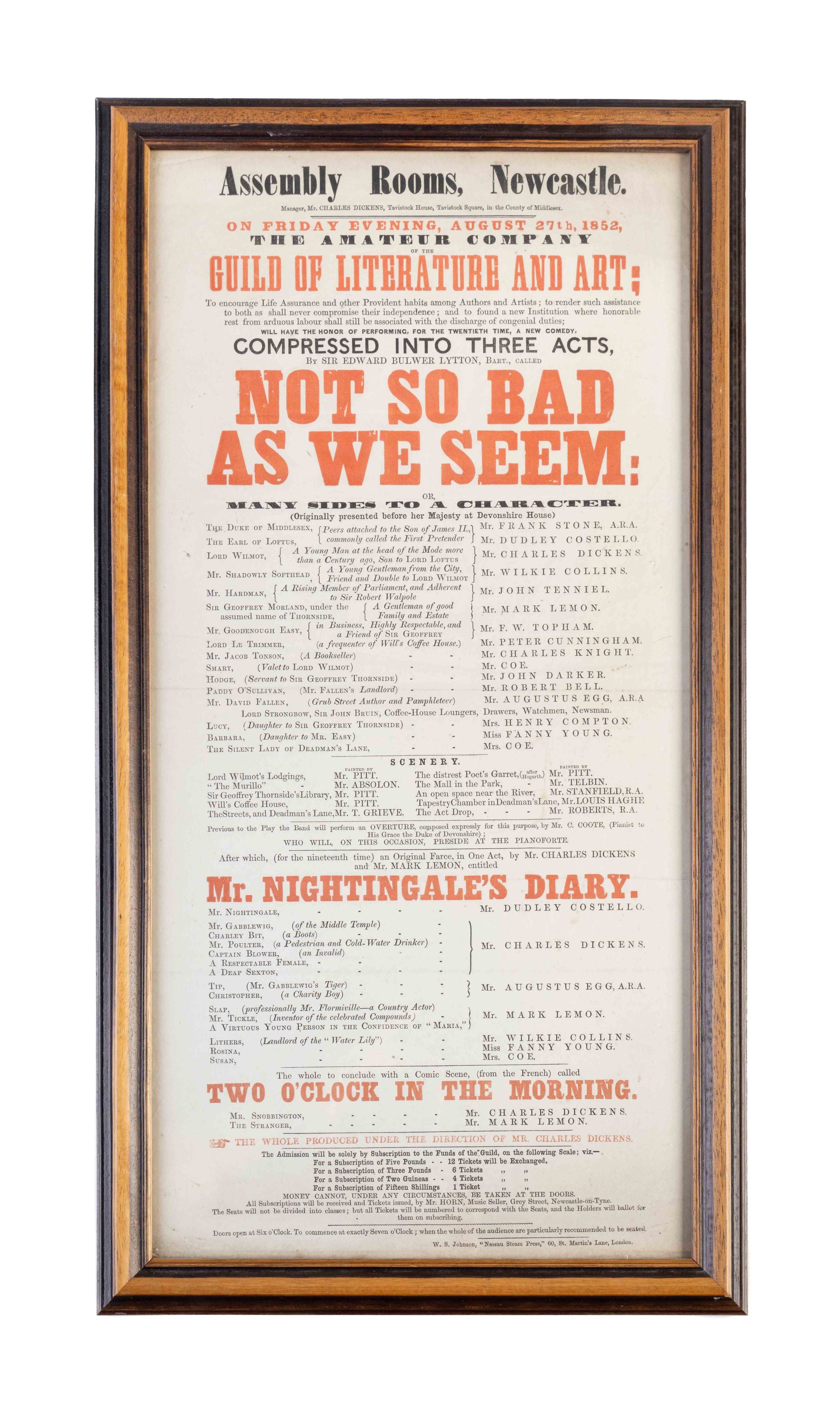 Original poster for the production of Not So Bad As We Seem, with Mr. Nightingale's Diary, at the Assembly Rooms, Newcastle.