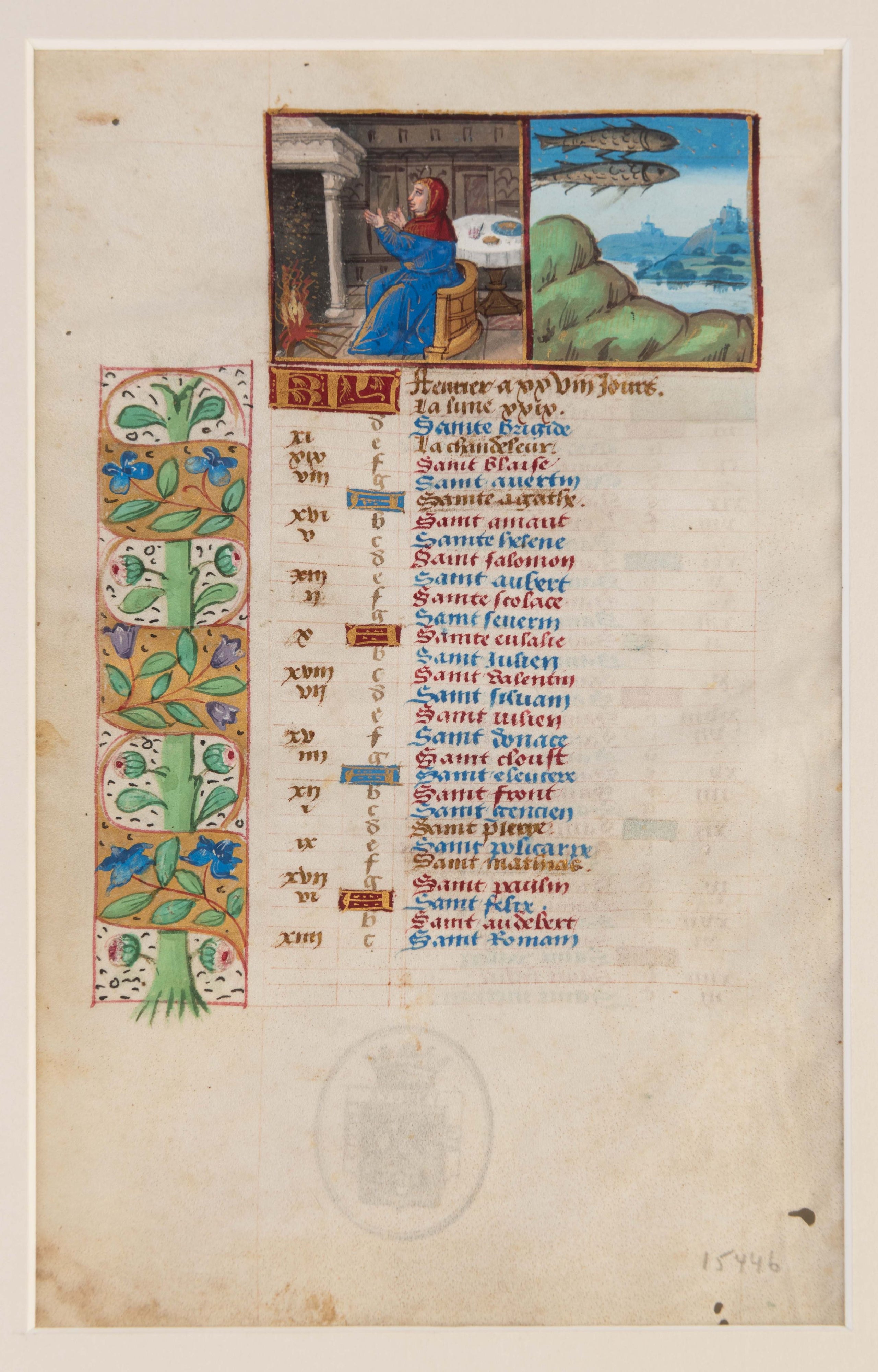 Illuminated calendar leaf on vellum for January/February from a Book of Hours. Central France (Bourges or Tours?), c.