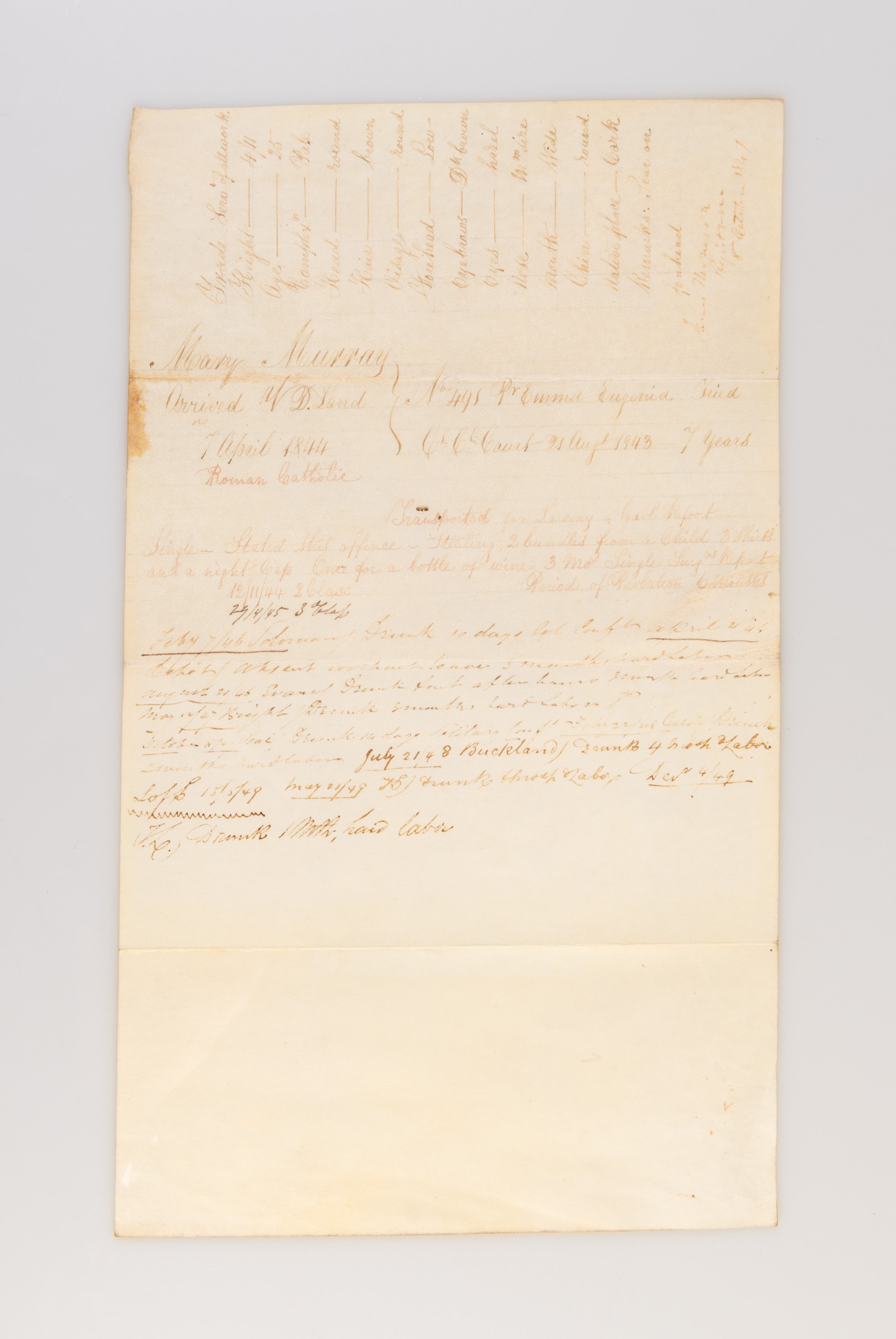 [Four convict disciplinary reports: Mary Murray, Mary Ann North, James Woolf and William White.]