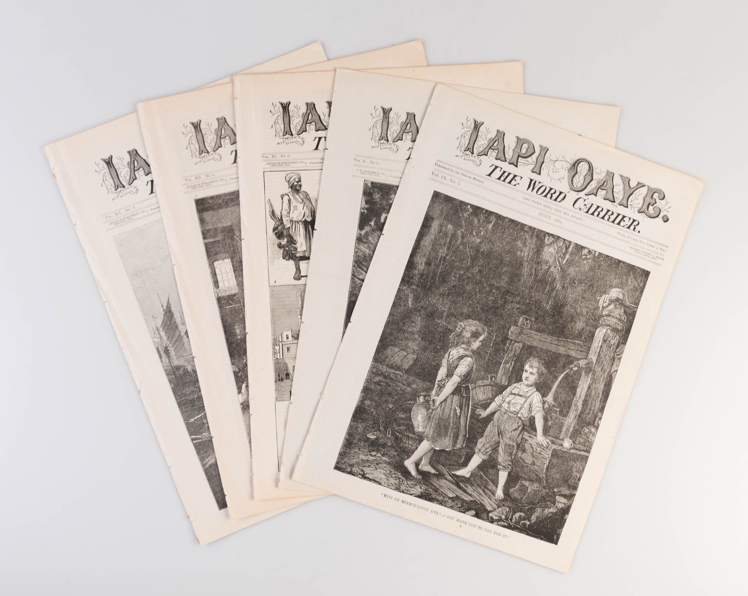 Iapi Oaye. The Word Carrier. [Five issues:] Vol. IX. No. 7.; X. No. 8.; XI. No. 9.; XII. No. 4.; XII. No. 9.