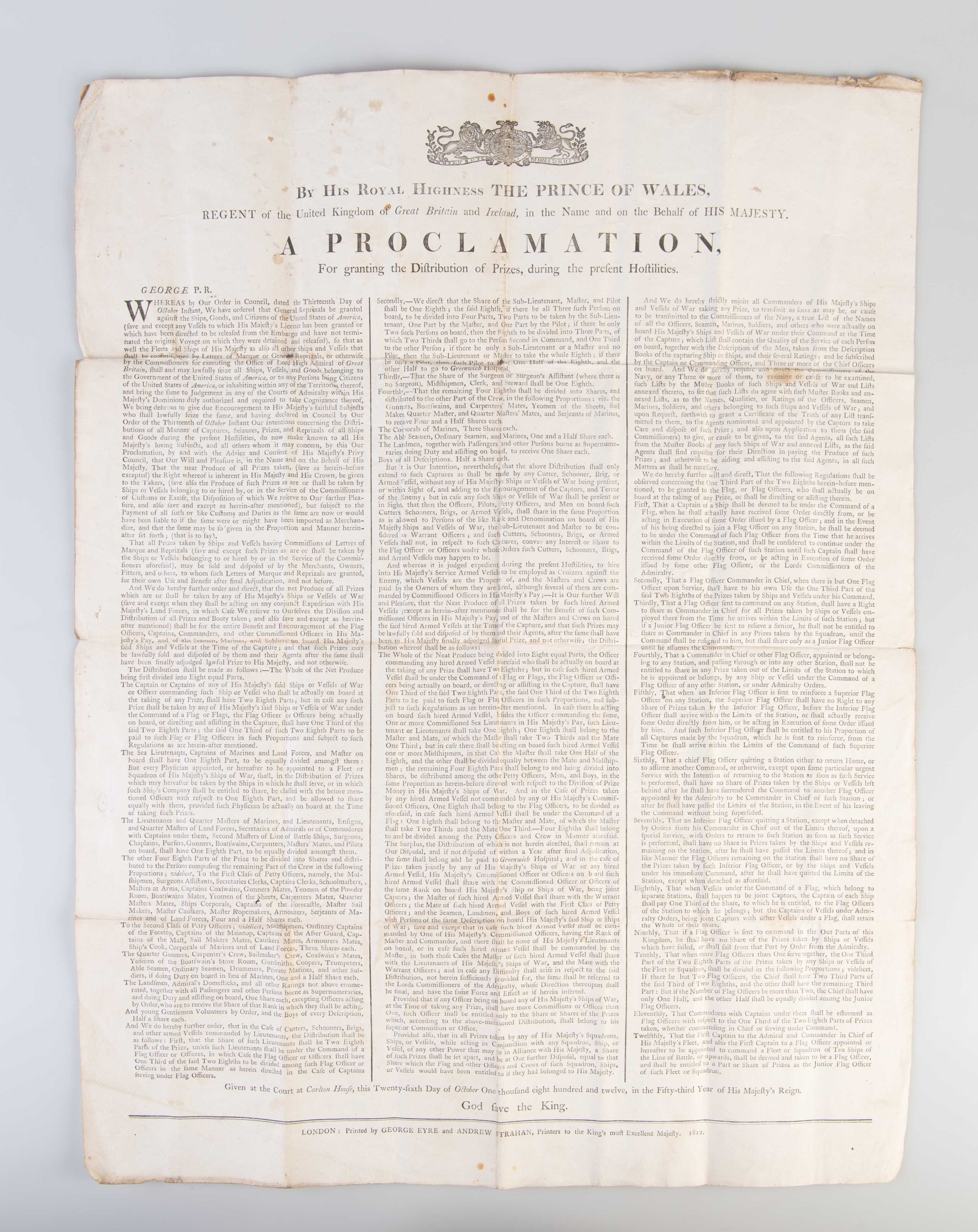 A Proclamation for Granting the Distribution of Prizes During the Present Hostilities.