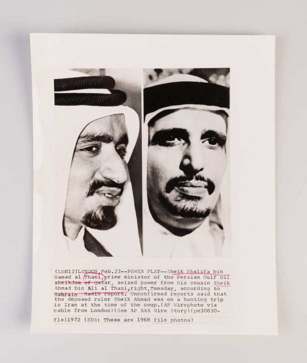 [Wirephoto of Sheikh Khalifa bin Hamad Al Thani and Sheikh Ahmad bin Ali Al Thani.]