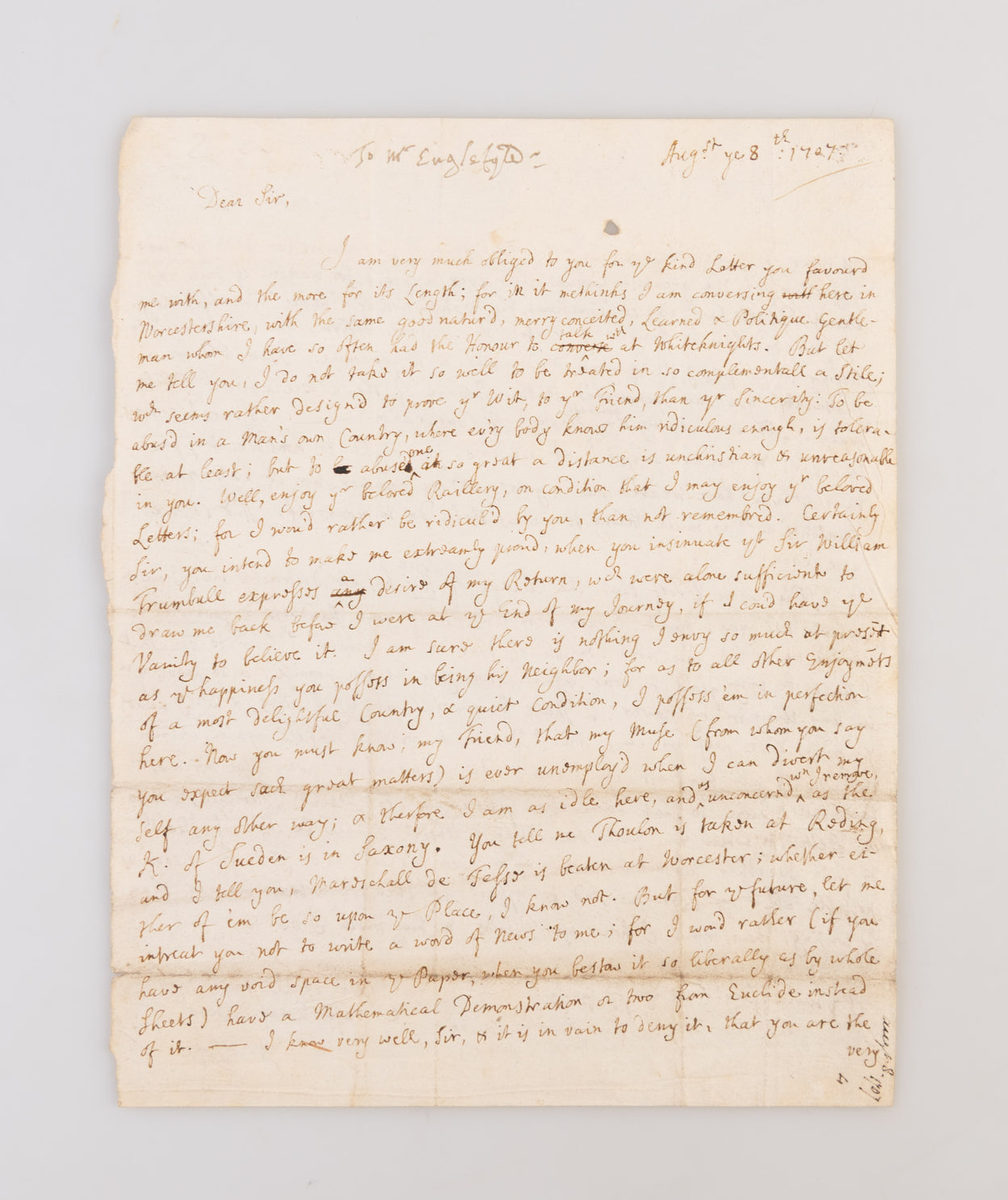 ALS from the young Alexander Pope to his mentor Antony Englefield, dated August 8th 1707.