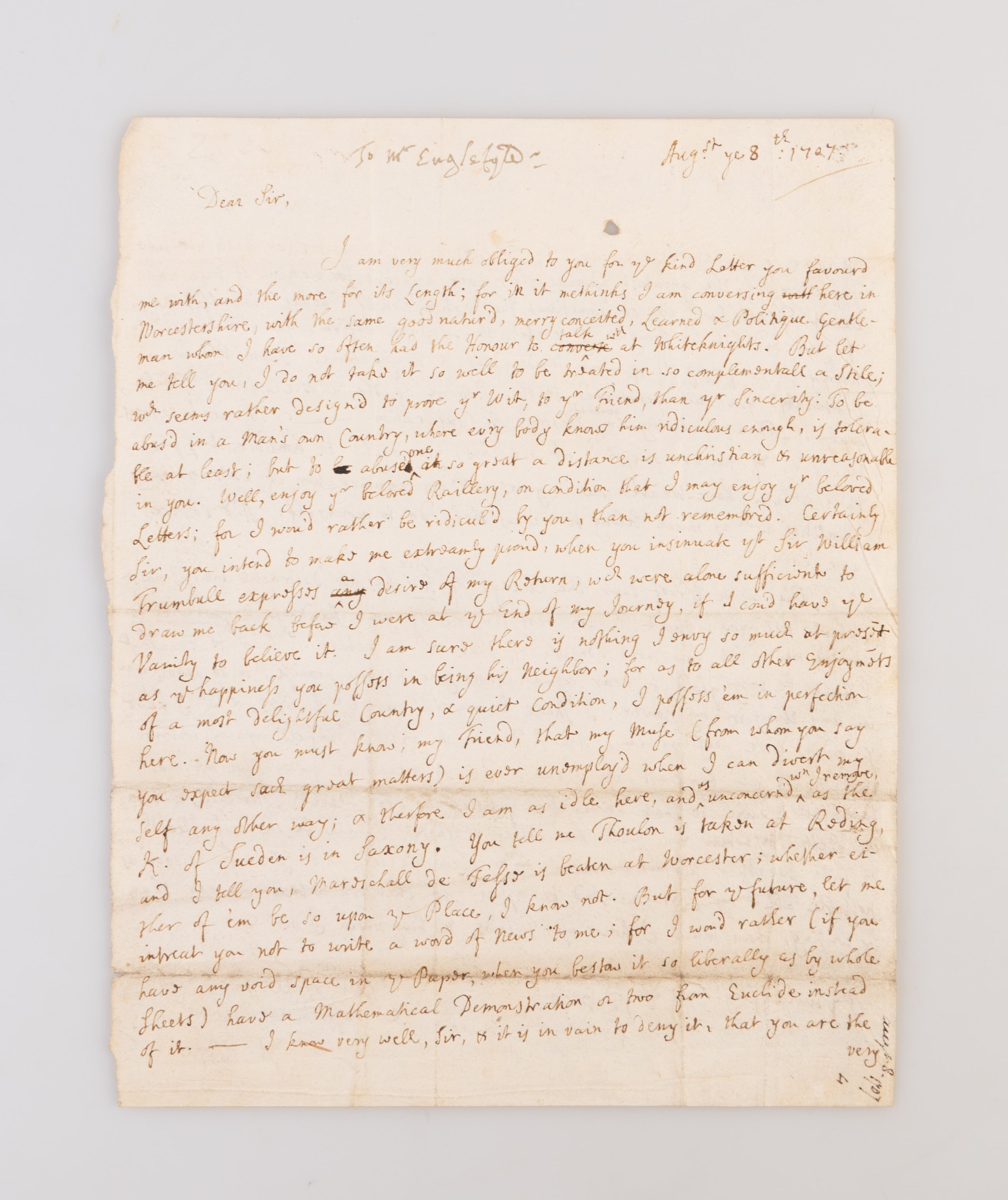 ALS from the young Alexander Pope to his mentor Antony Englefield, dated August 8th 1707.