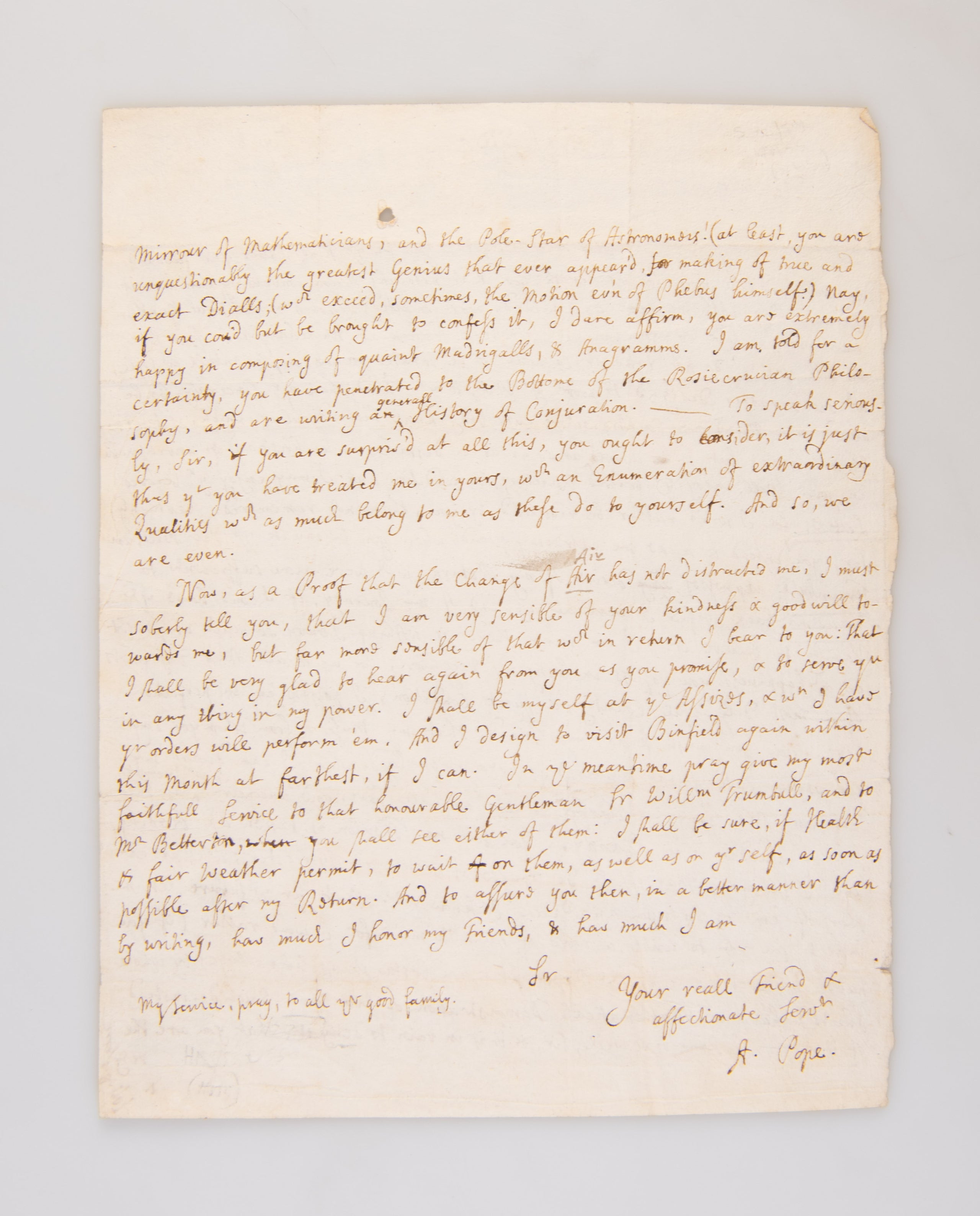 ALS from the young Alexander Pope to his mentor Antony Englefield, dated August 8th 1707.