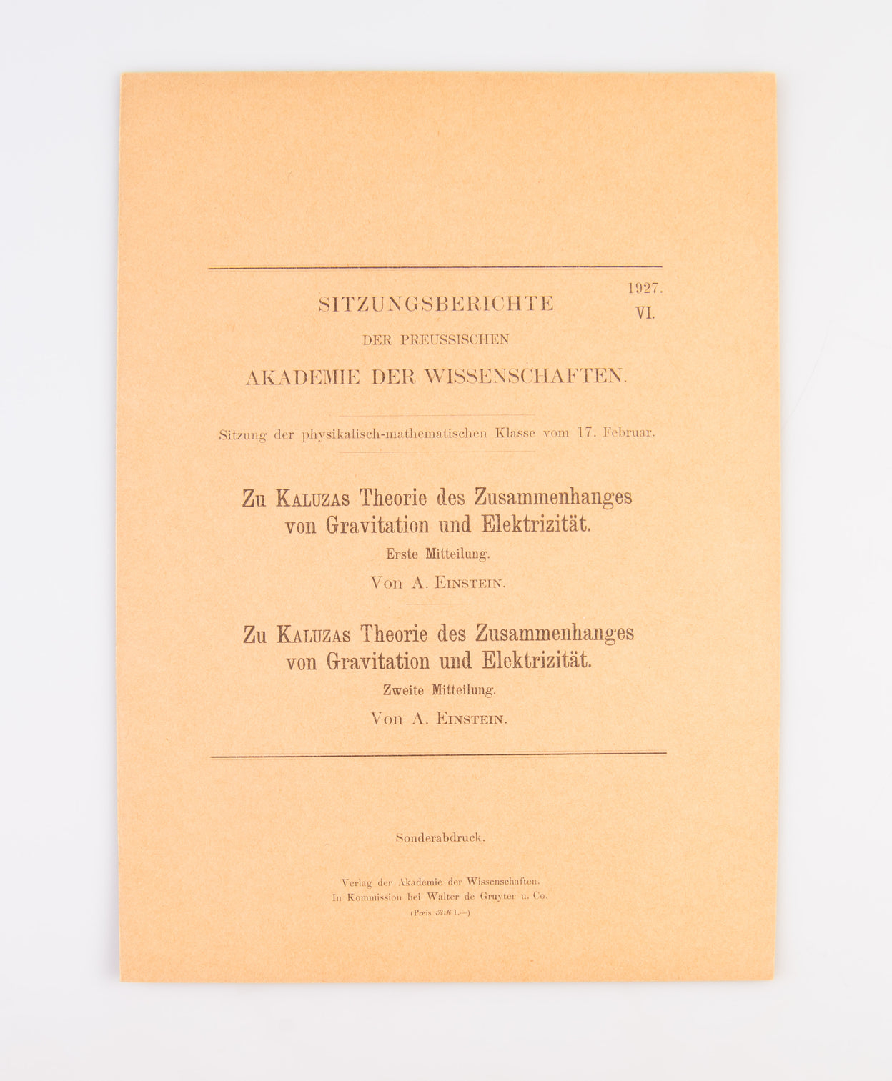 Zu Kaluzas Theorie des Zusammenhanges von Gravitation und Elektrizität. Erste Mitteilung. Zweite Mitteilung.