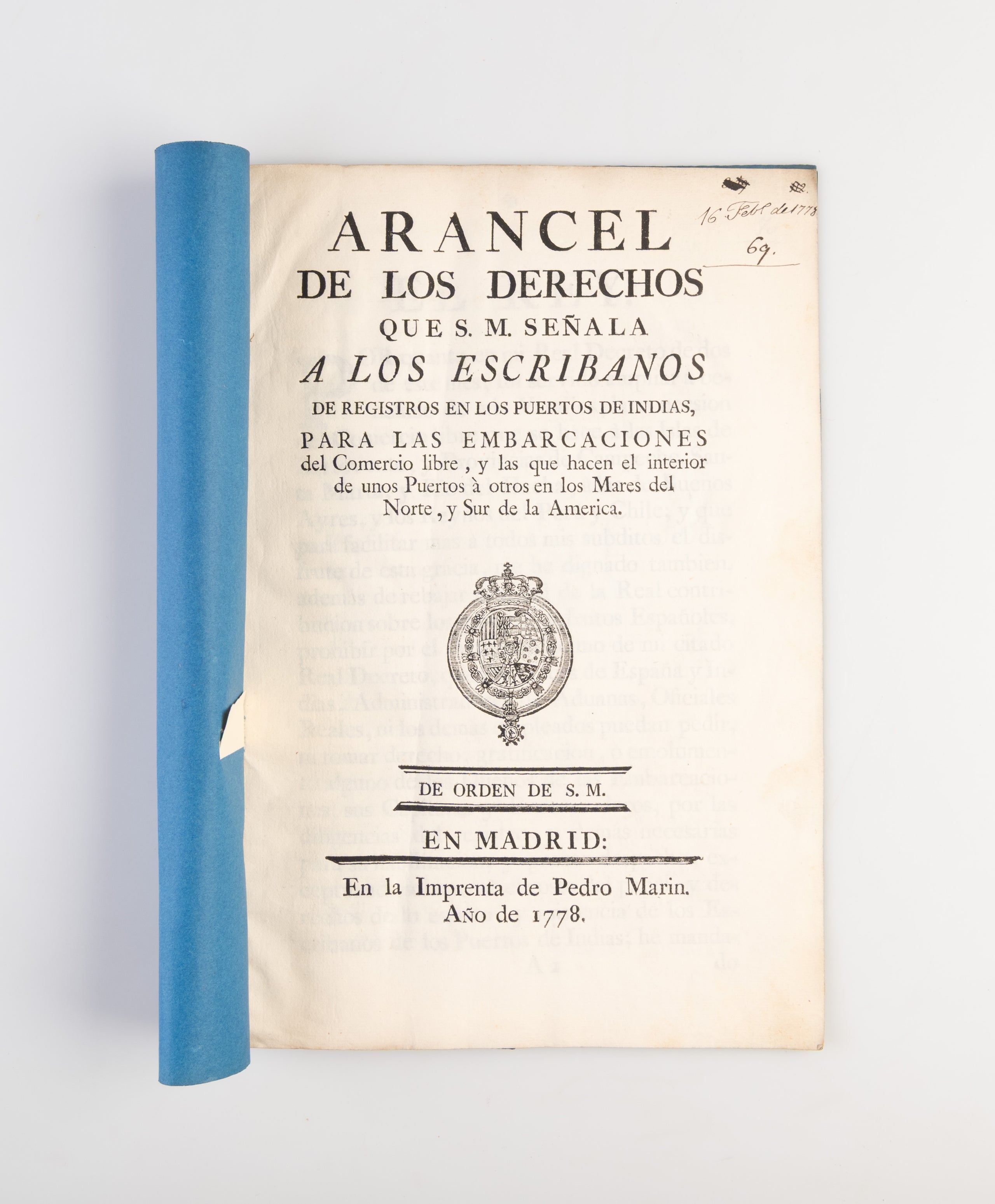Arancel de los derechos que S.M. Señala a los escribanos de registros en los puertos de Indias,
