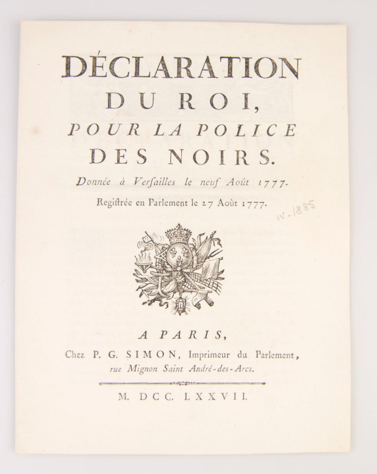 Déclaration du Roi, pour la Police des Noirs.