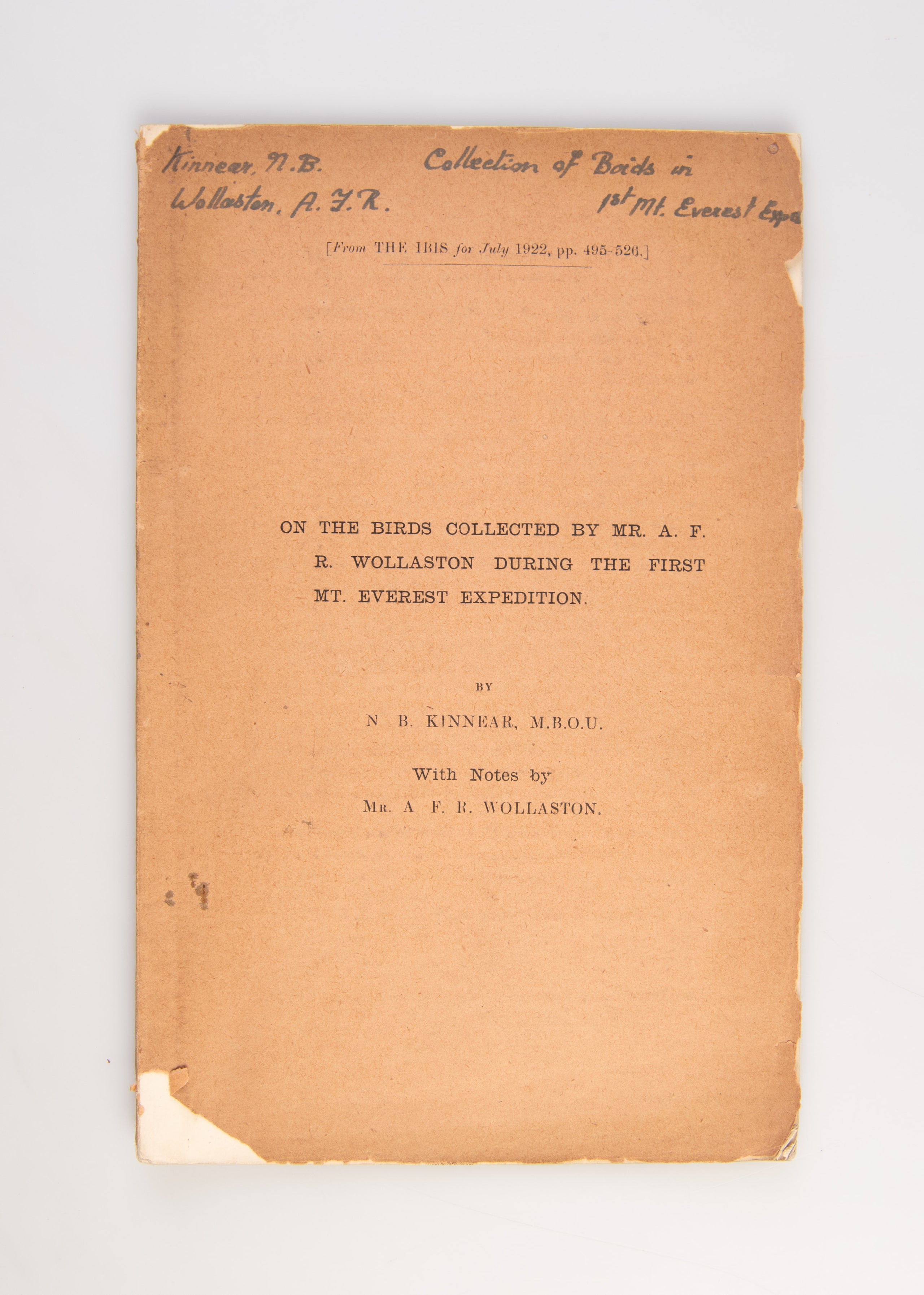 On the Birds Collected by Mr. A.F.R. Wollaston during the First Mt. Everest Expedition.