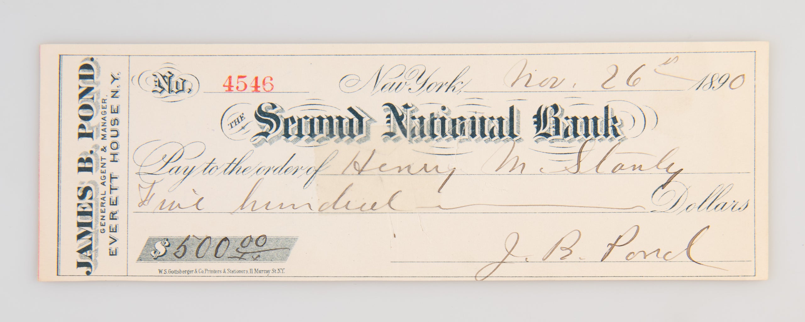 [Cheque made out to Henry M. Stanley.]