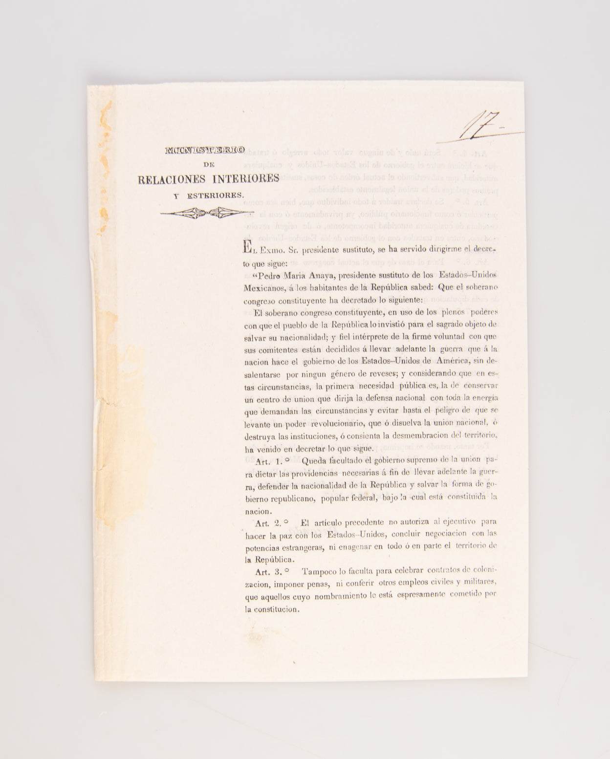 Ministerio de Relaciones Interiores y Esteriores. El Exmo. Sr. Presidente Sustituto, Se Ha Servido Dirigirme el Decreto Que Sigue: 