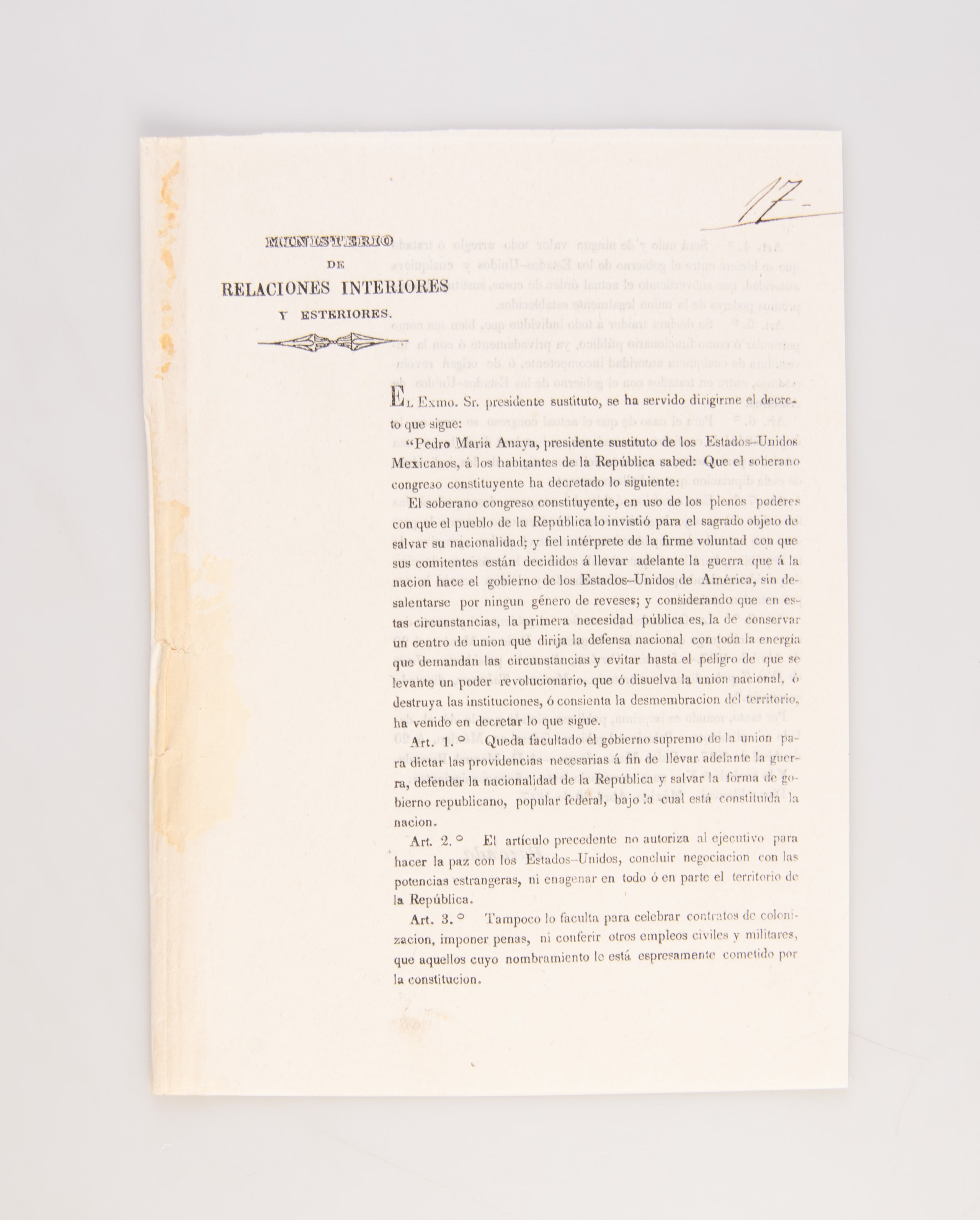 Ministerio de Relaciones Interiores y Esteriores. El Exmo. Sr. Presidente Sustituto, Se Ha Servido Dirigirme el Decreto Que Sigue: 