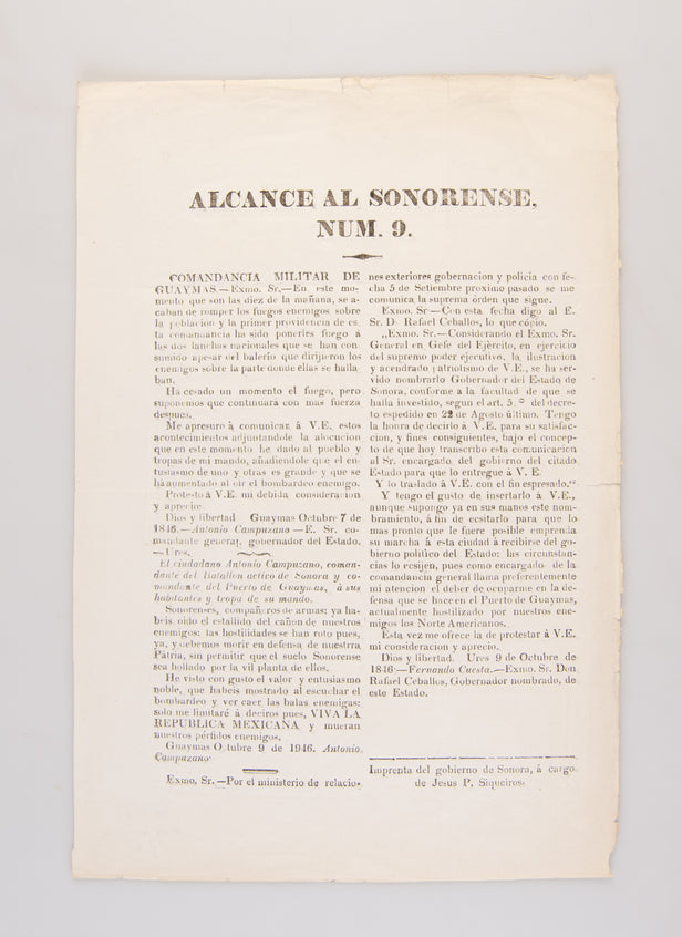 ALCANCE AL SONORENSE, NUM. 9.