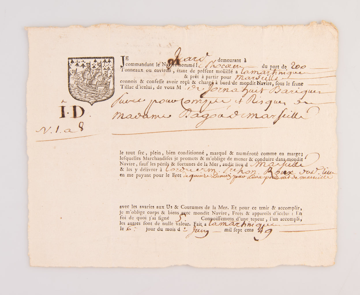 [Bill of lading for a cargo of sugar and coinage bound from Martinique to Marseille.]