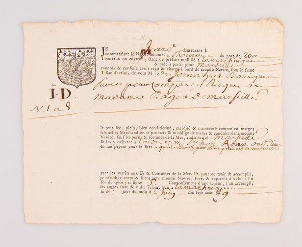 [Bill of lading for a cargo of sugar and coinage bound from Martinique to Marseille.]
