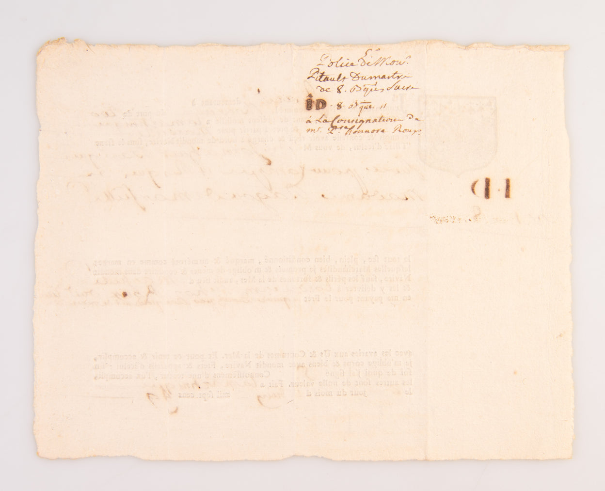 [Bill of lading for a cargo of sugar and coinage bound from Martinique to Marseille.]