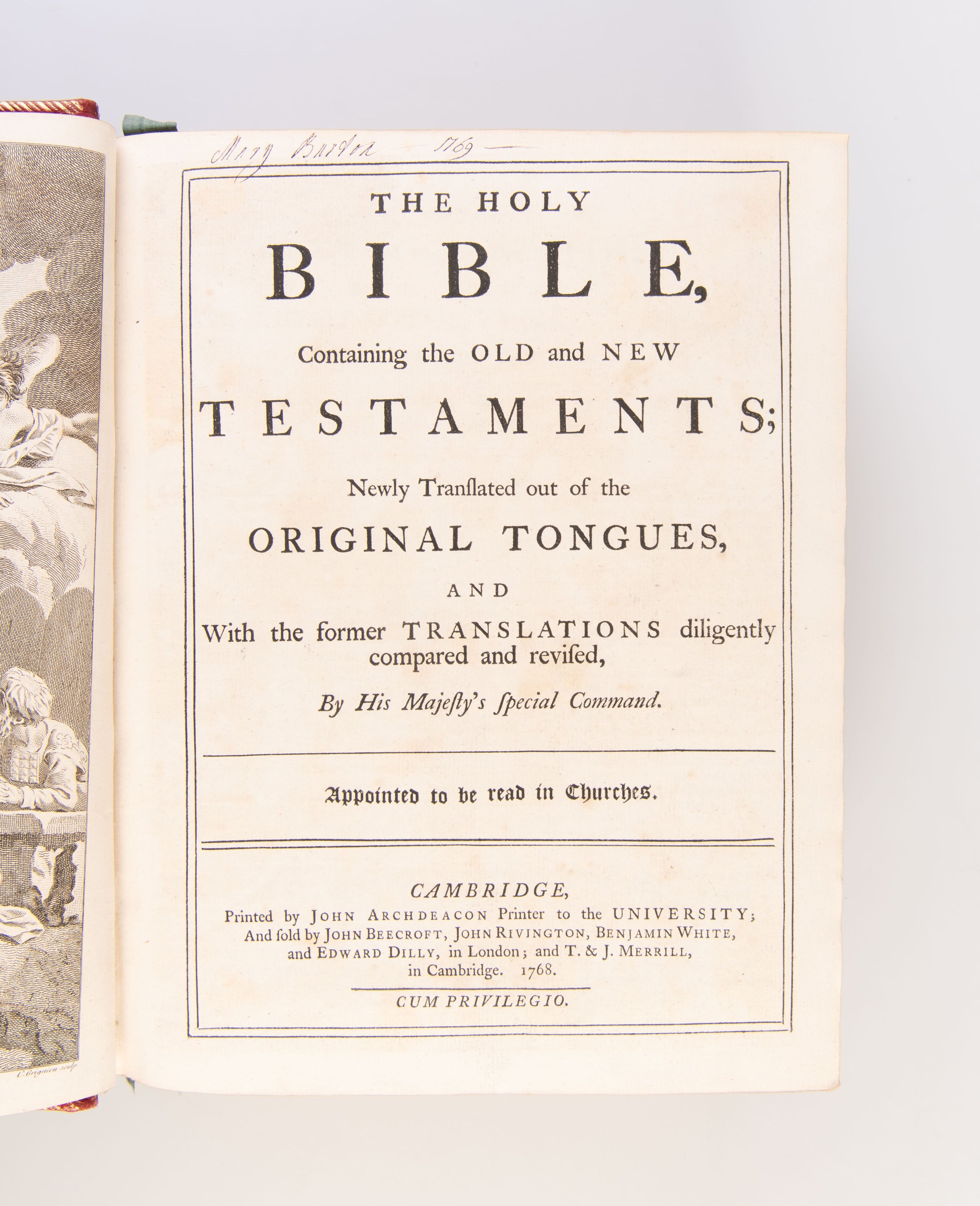 (King James Version). The Holy Bible. Contemporary red morocco, panelled in gilt. Cambridge: John Archdeacon, 1768.