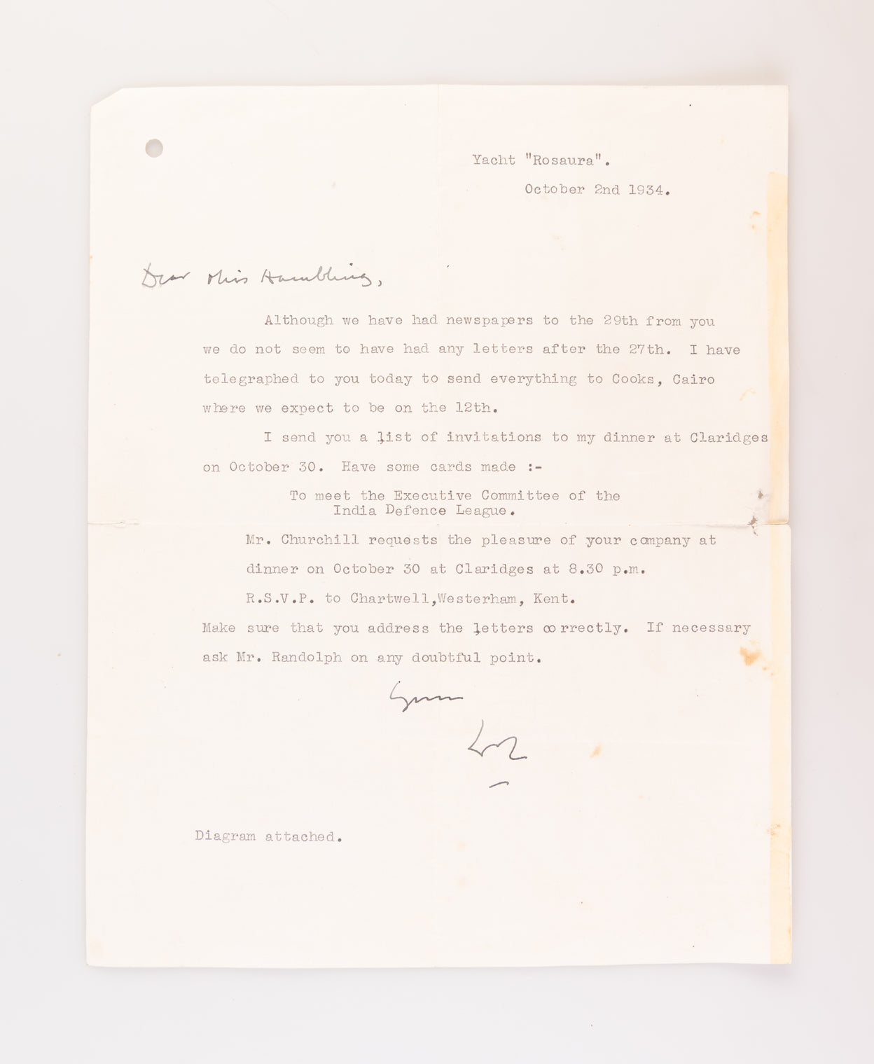 Typed Letter Signed (‘WSC’) to Grace Hamblin (‘Dear Miss Hamblin’).