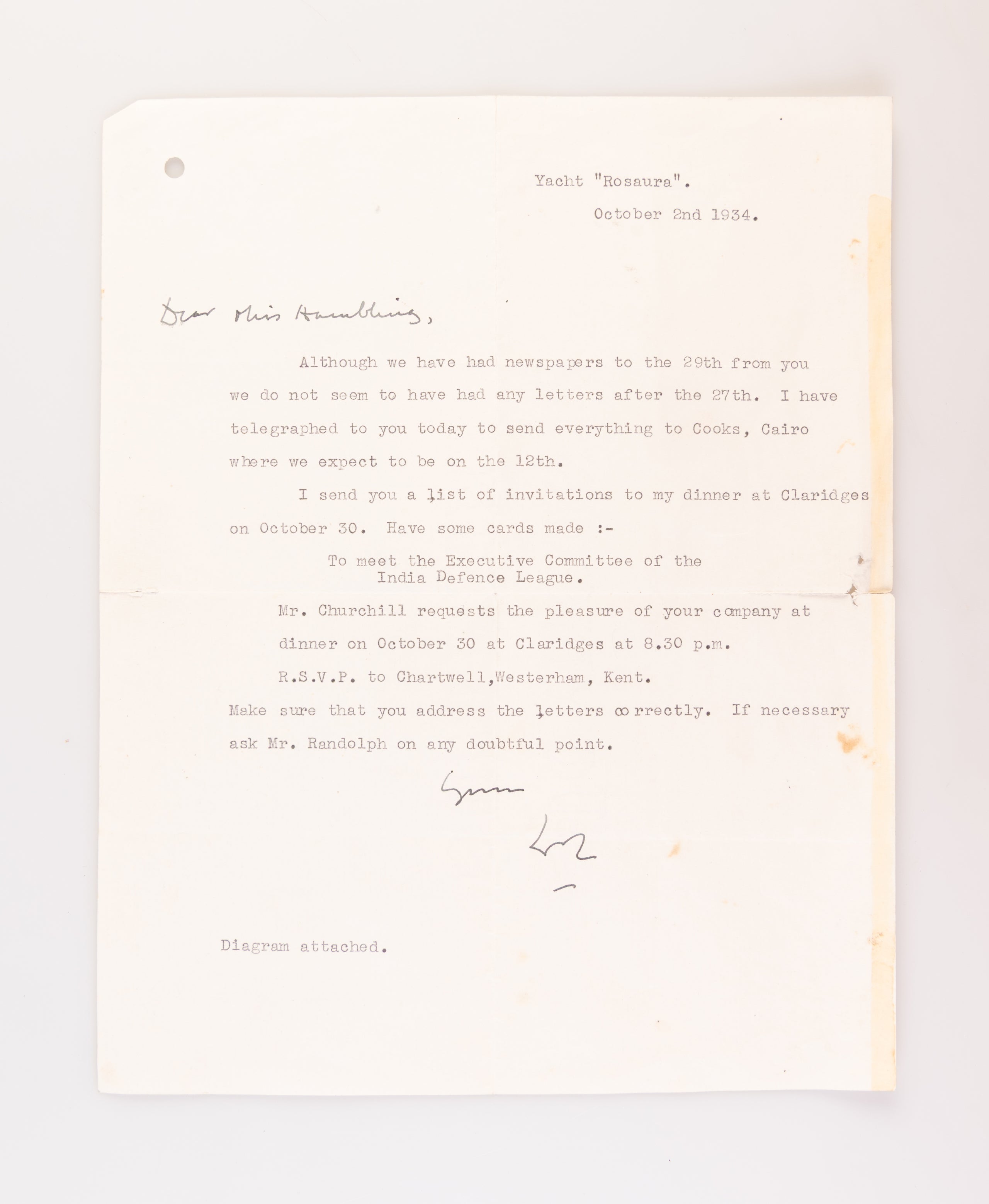 Typed Letter Signed (‘WSC’) to Grace Hamblin (‘Dear Miss Hamblin’).