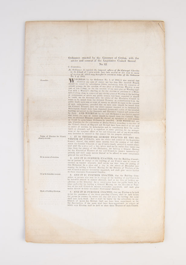 Ordinance enacted by the Governor of Ceylon, with the advice and consent of the Legislative Council thereof. No. 12.