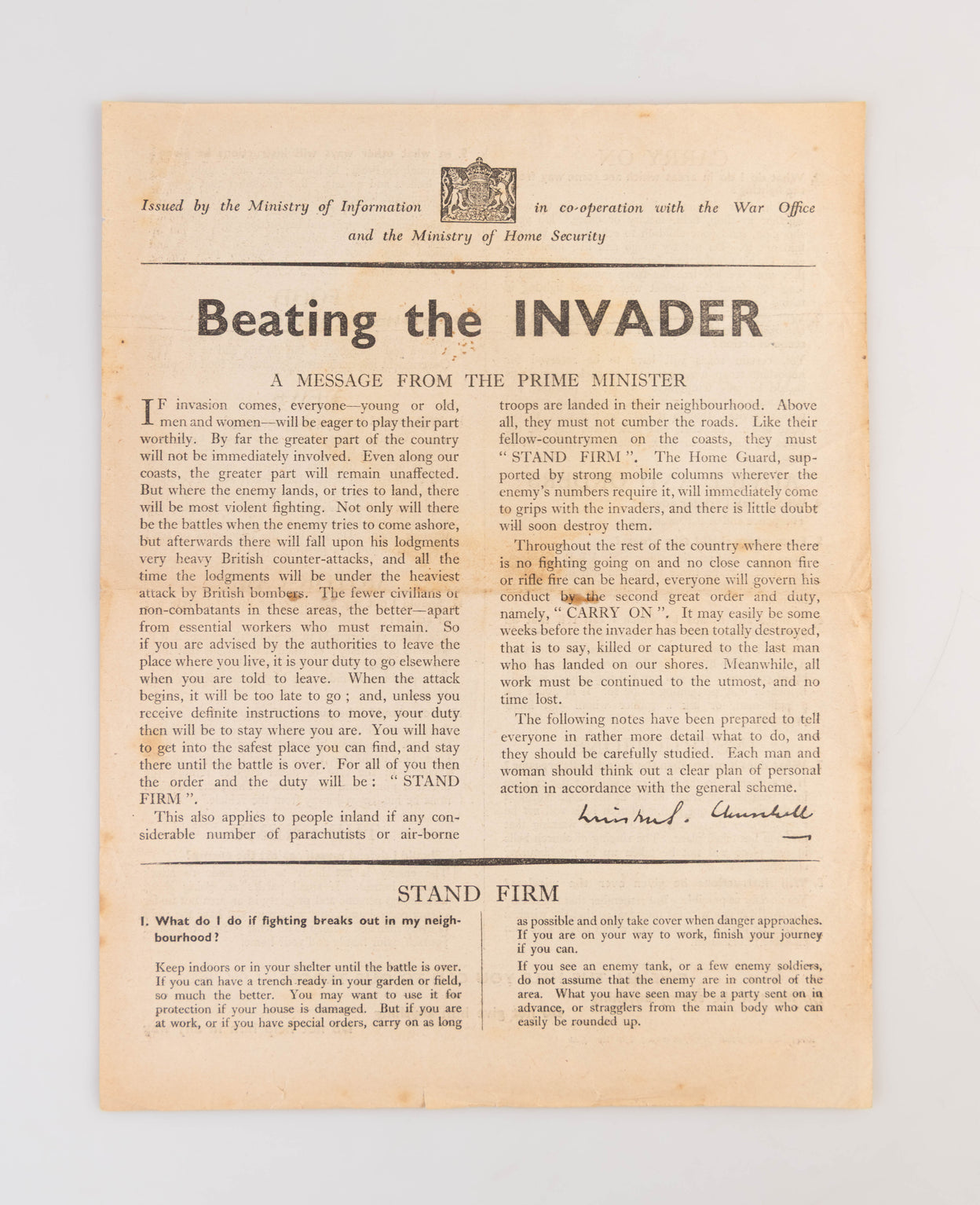 If the Invader Comes. What to do - and How to do it. [with:] Beating the Invader. A Message from the Prime Minister.